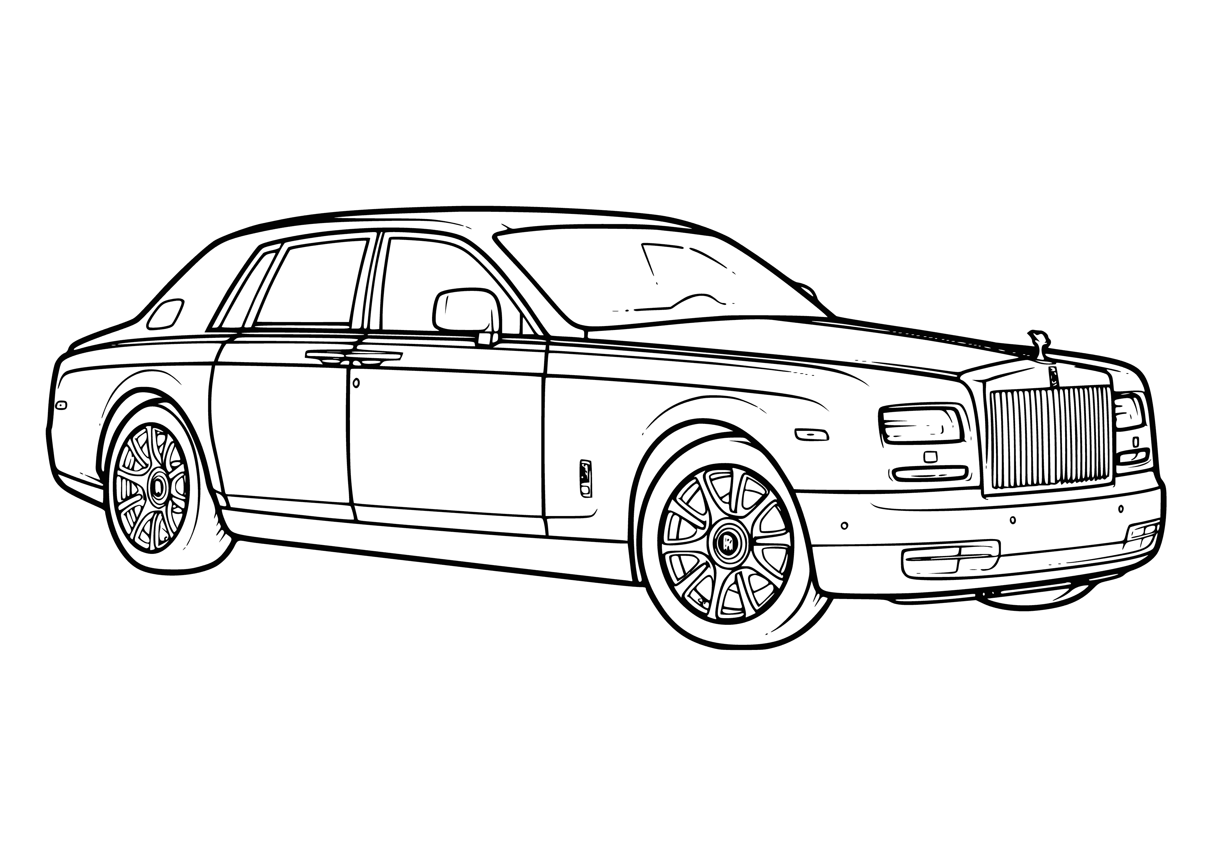 coloring page: Parked Rolls-Royce Phantom has long, sleek body, convertible top, large grille, round headlights, chrome details, and black-and-white leather seats.