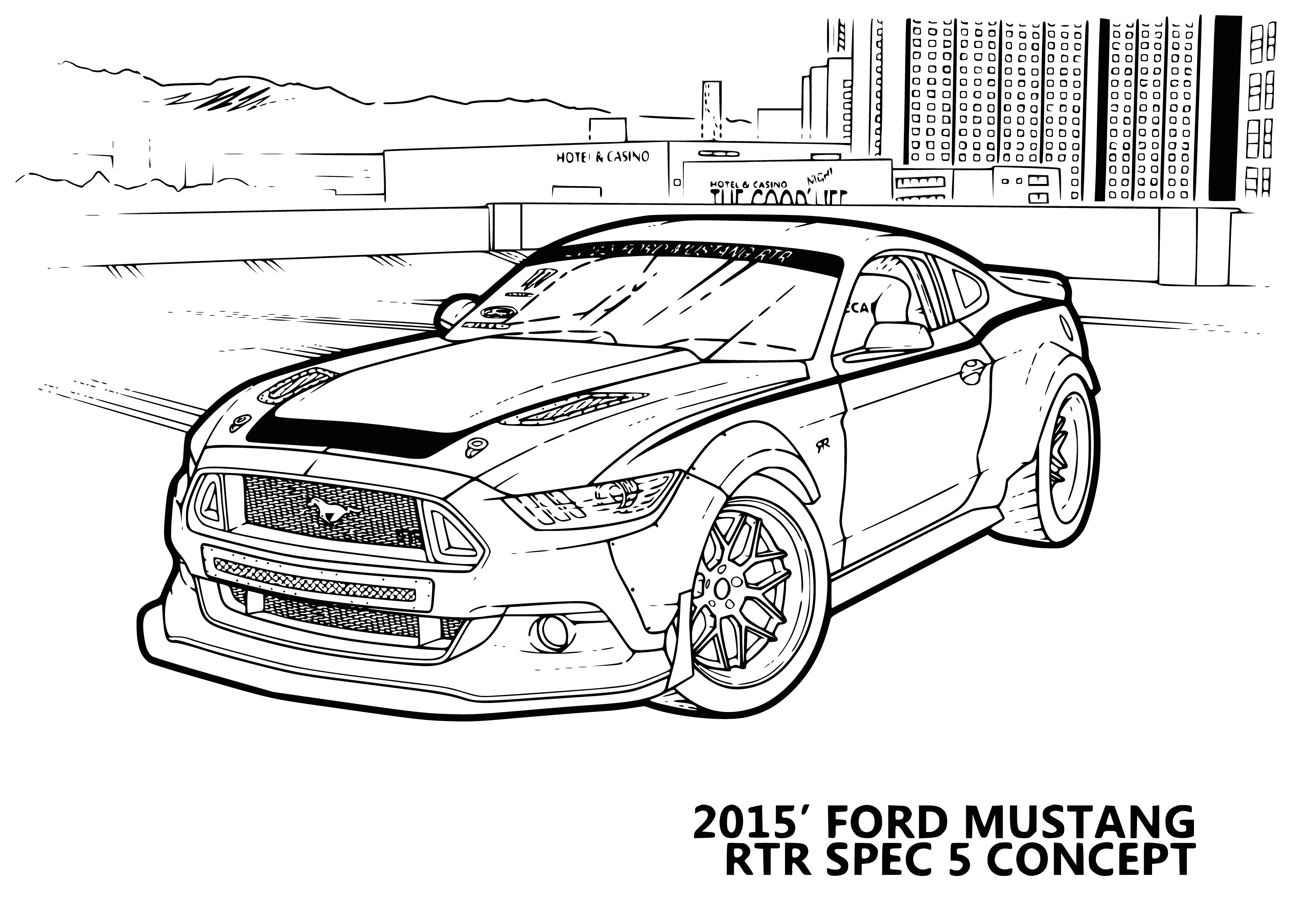 coloring page: Sleek, low car with long hood and short trunk; silver with black accents on hood, windows and wheels.