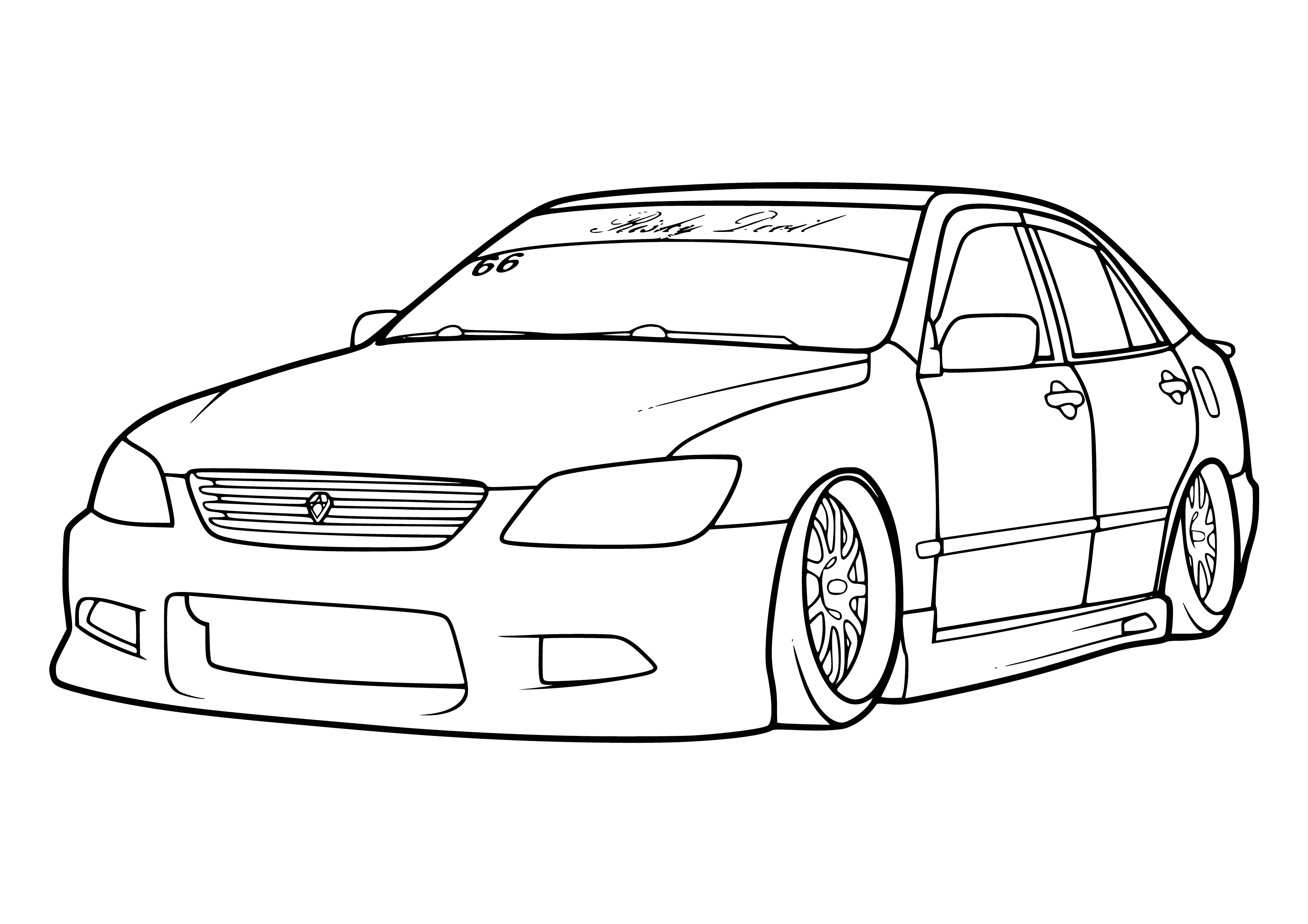 coloring page: Blue car parked on side of road; four doors, trunk, facing right.