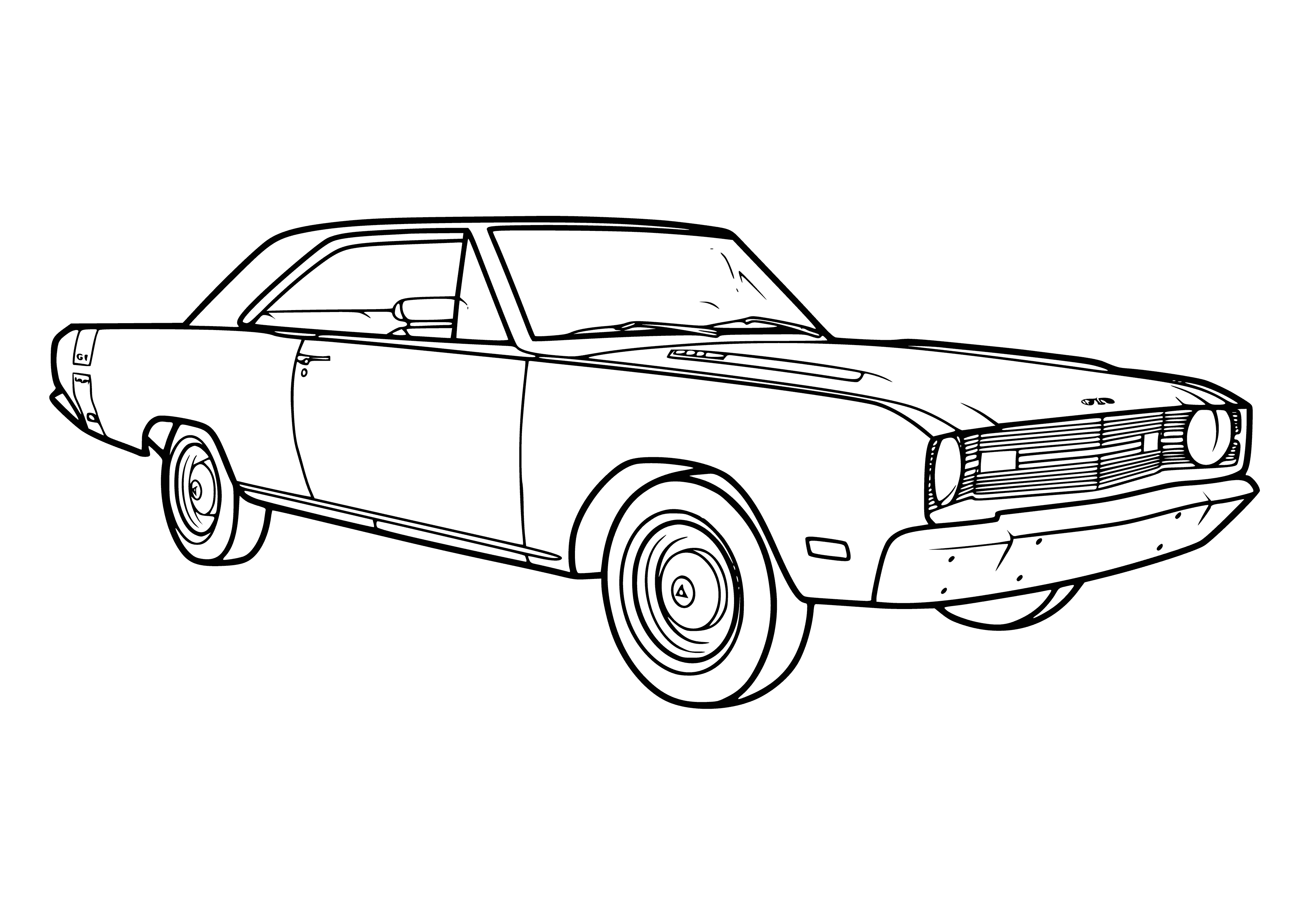 coloring page: Sleek, silver car with tinted windows, low to ground & big wheels with symbol on the grill.