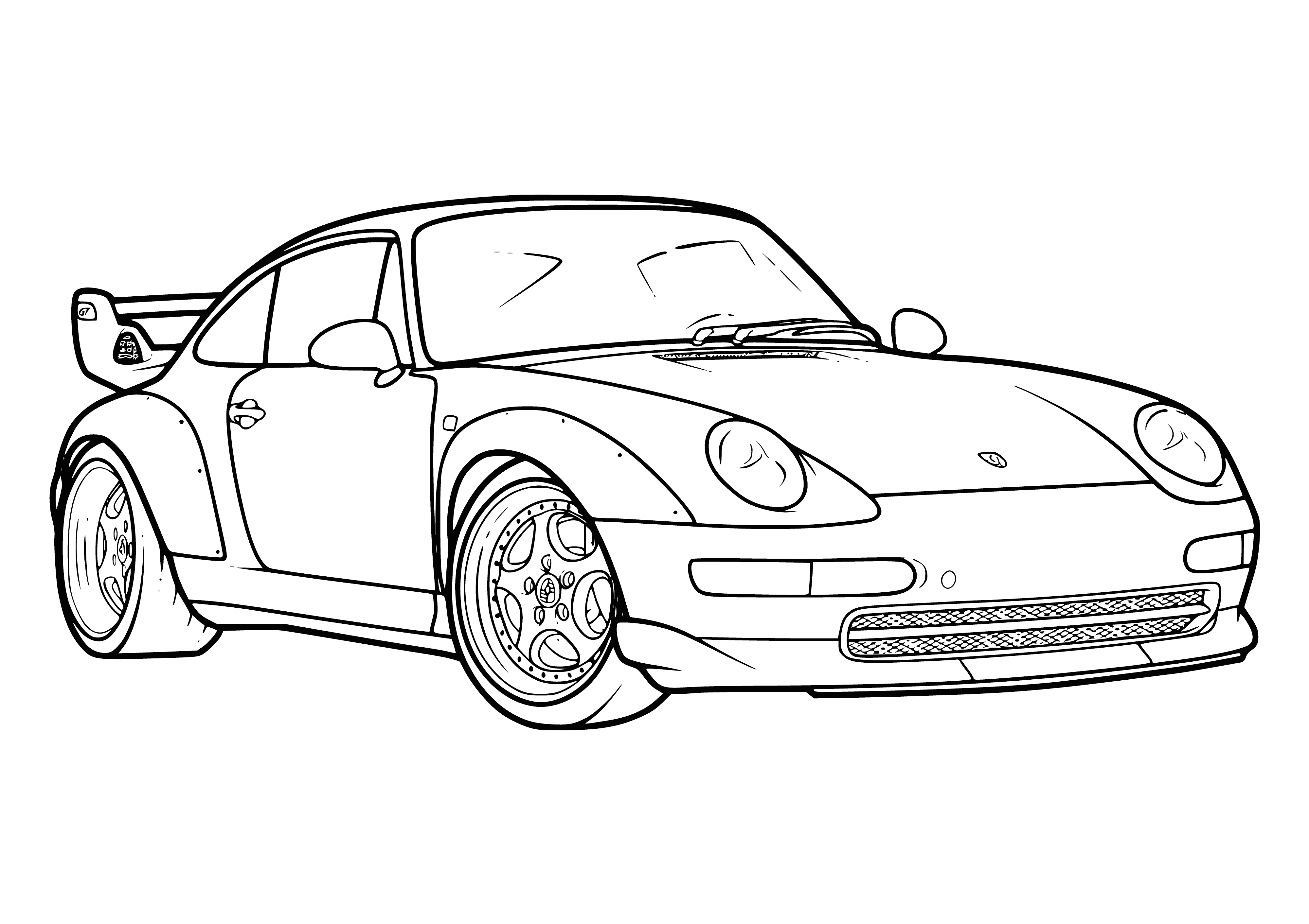 coloring page: Black & white Porsche car coloring page. Features curved lines & sleek design. Logo in center. Fun for all ages!