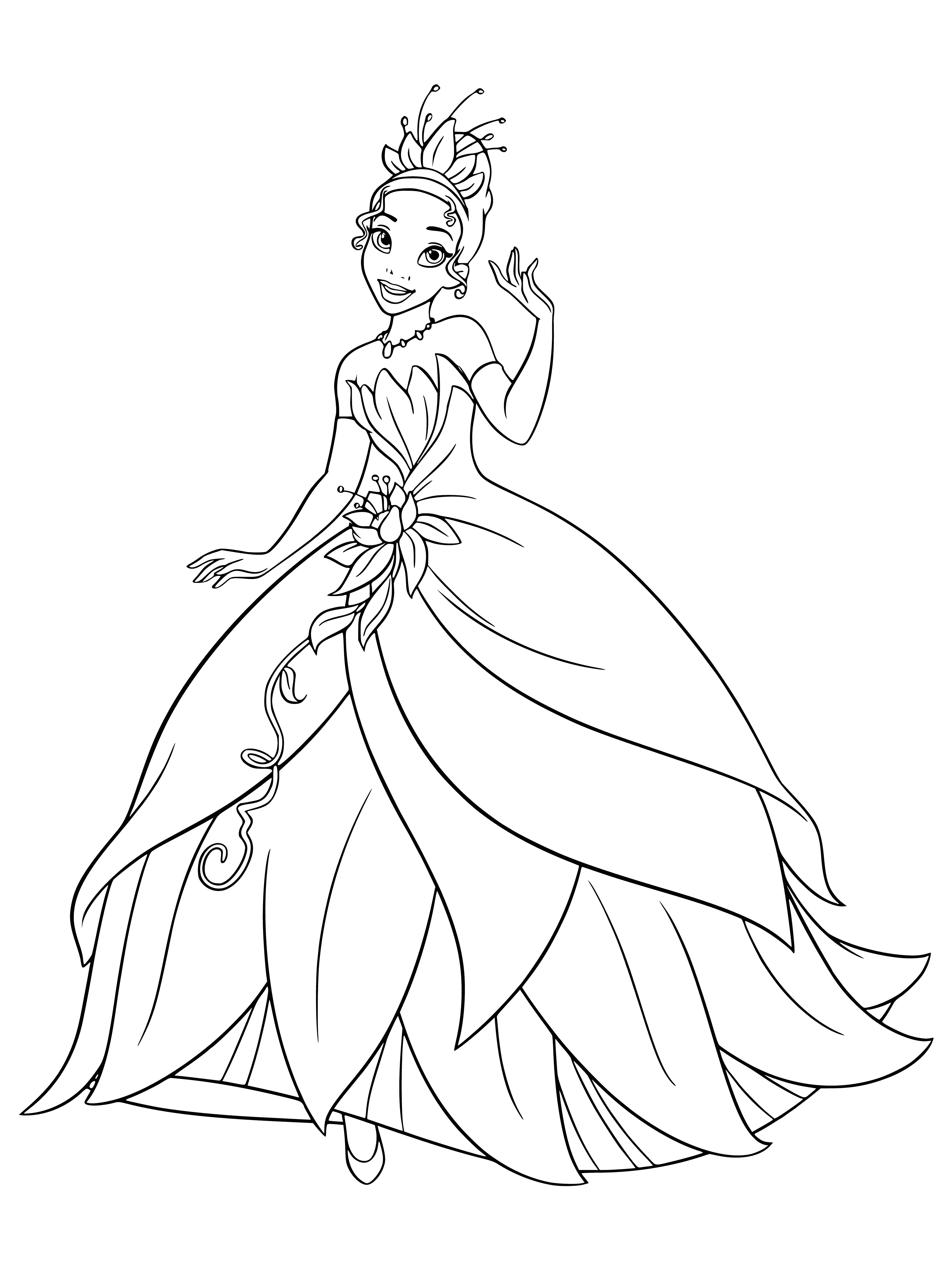 coloring page: Beautiful Princess Tiana stands in a tall grass field before a large tree, wearing a green dress and gold tiara, with a frog on a lily pad beside her.