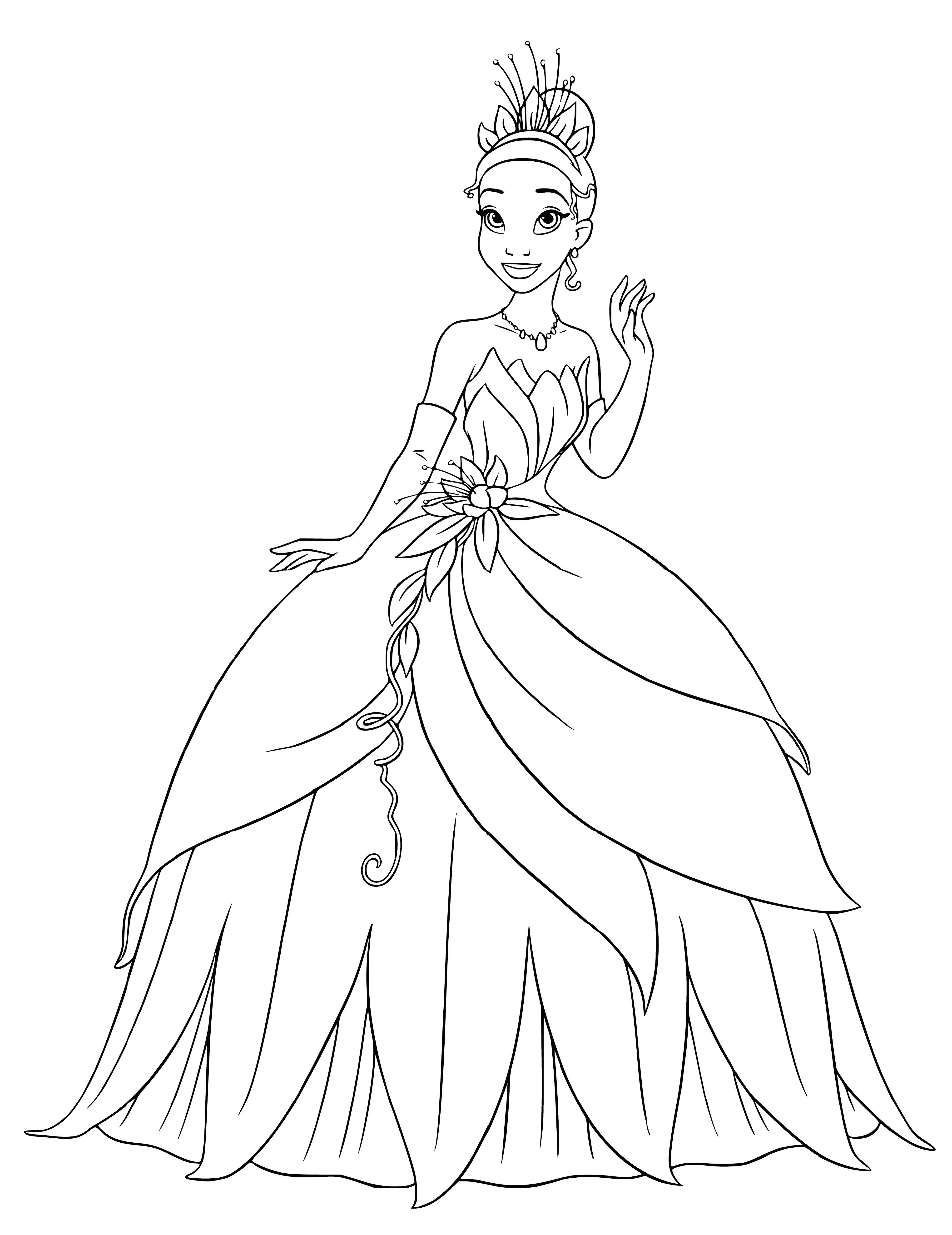 coloring page: Princess Tiana smiles, in a light green dress with a ruffled bottom, dark brown hair pulled back, light brown skin. She stands in a field of tall grass, looking off to the side.
