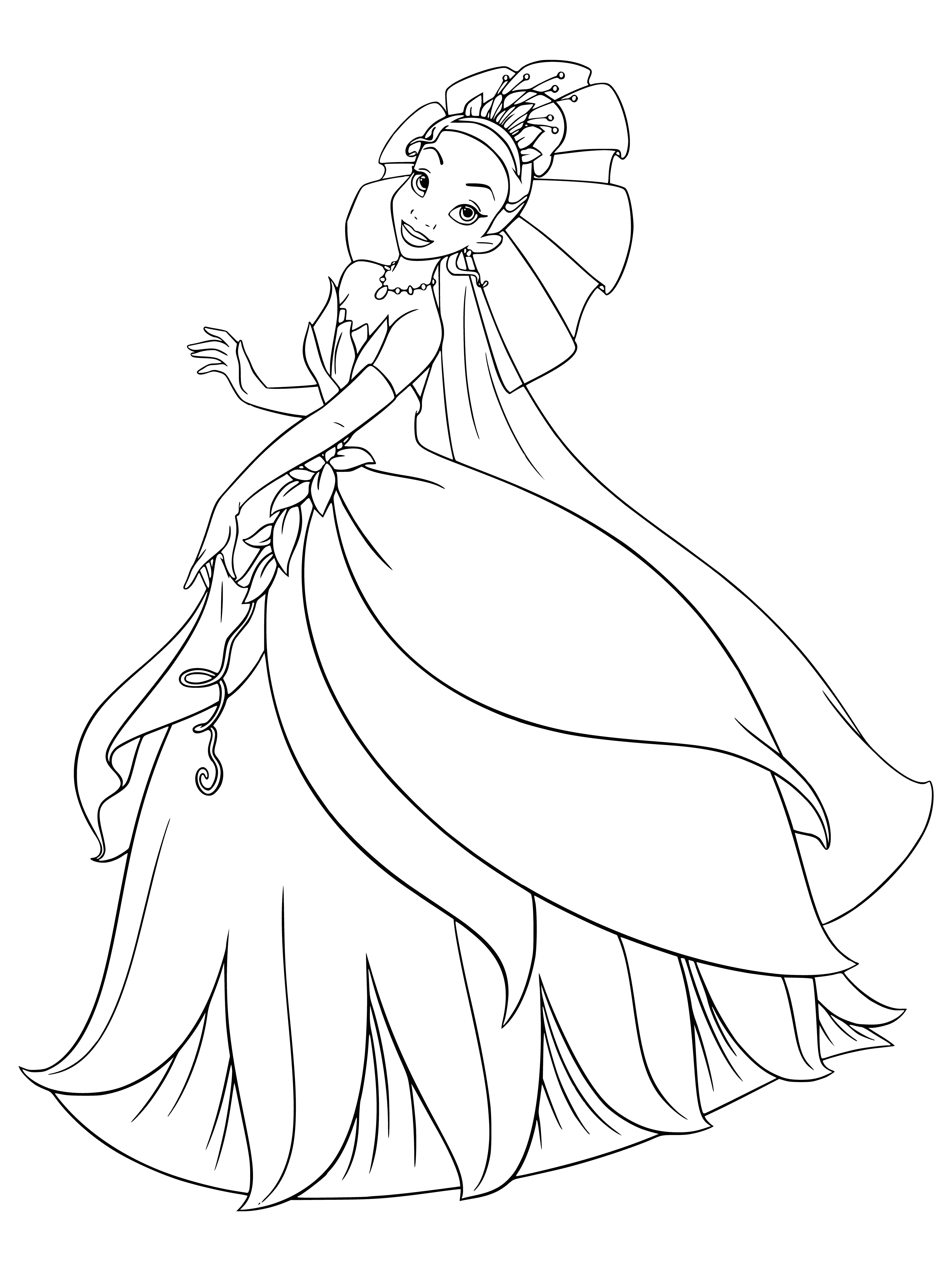 coloring page: Princess Tiana stands with a frog looking up at her, wearing a green dress with purple flowers, smiling.