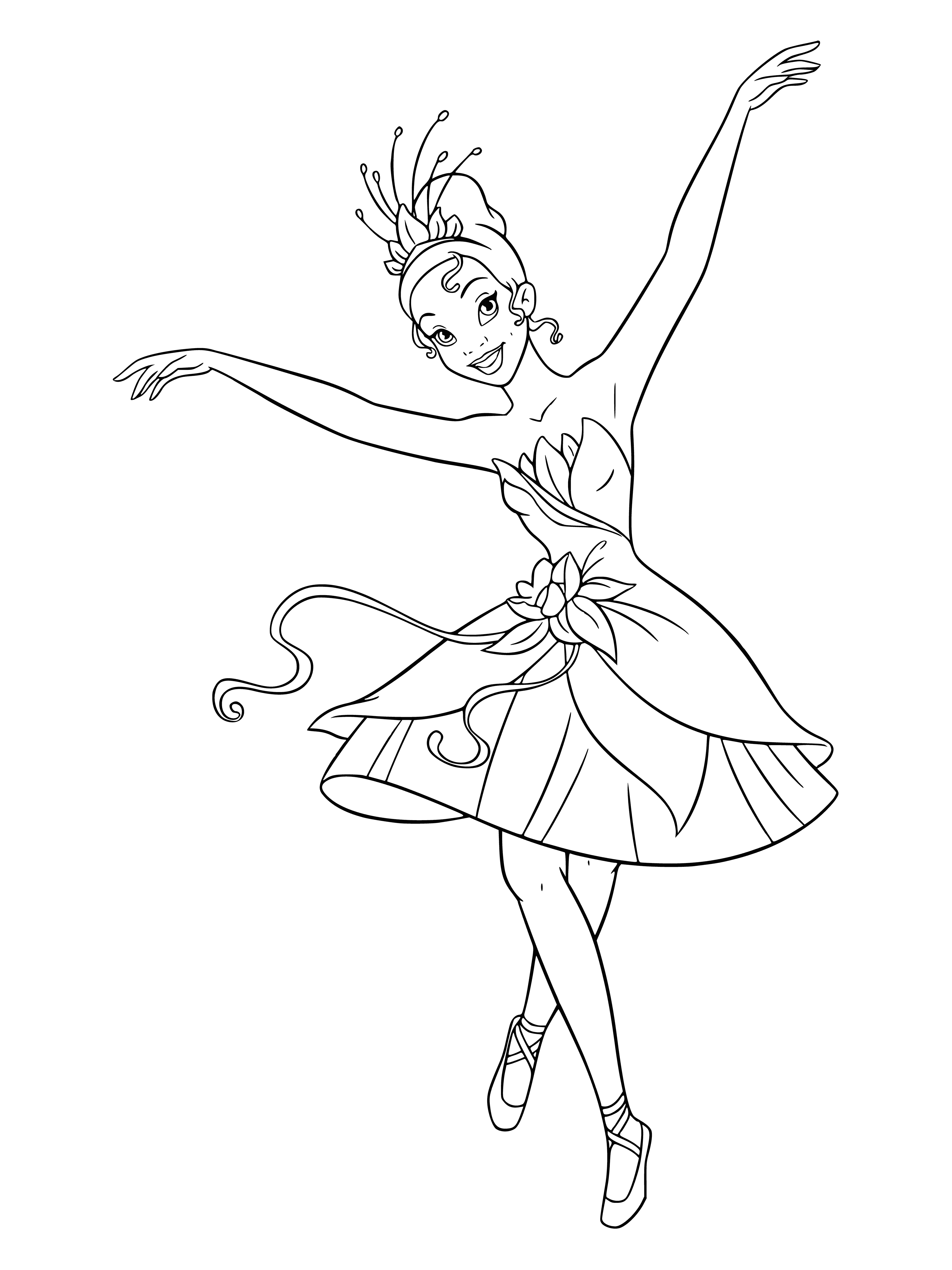 coloring page: Young black woman wearing green dress, white collar, holding handkerchief, smiling with big updo and green shoes.