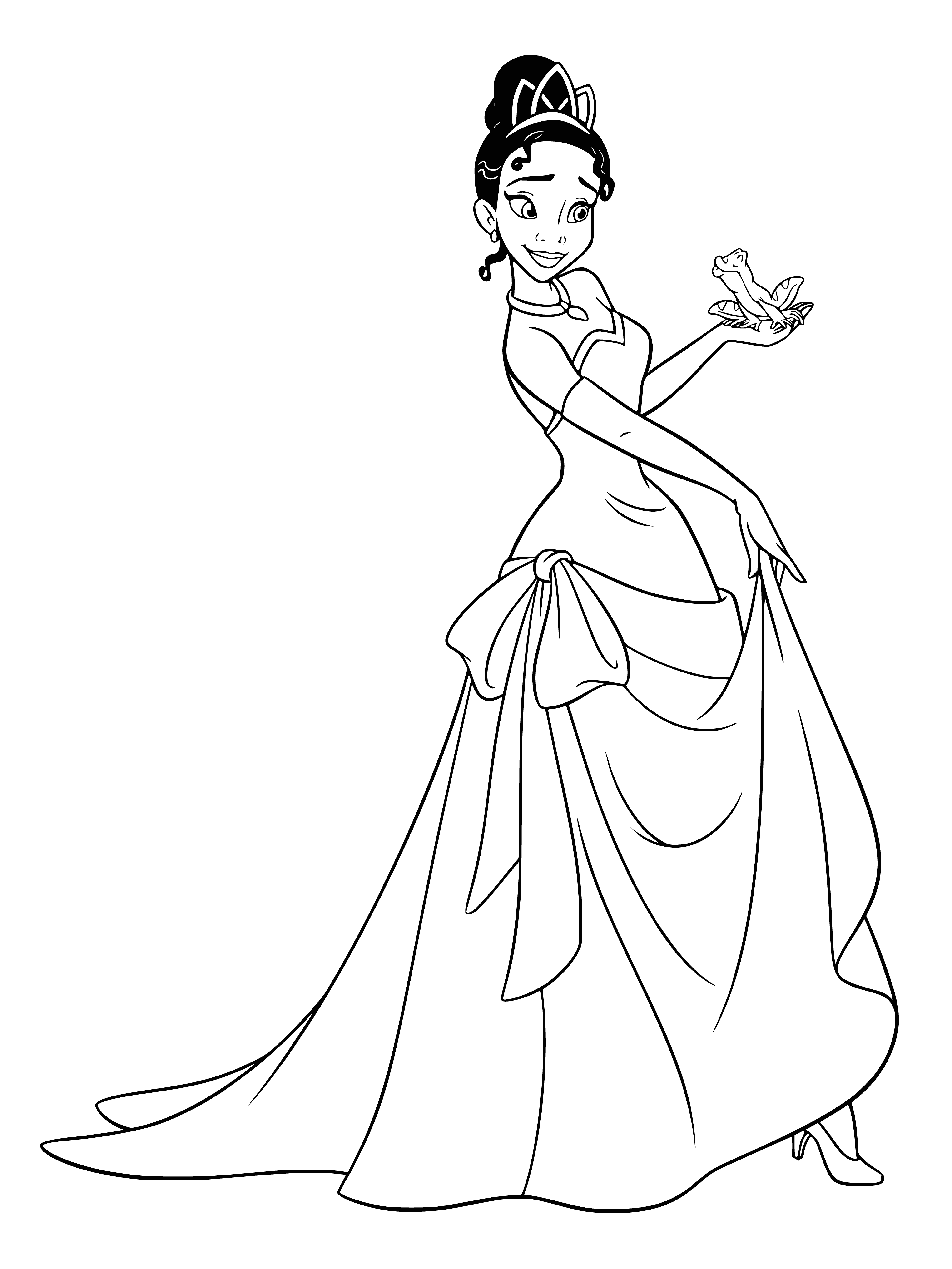 coloring page: Young Black Princess Tiana kneels with a green frog in her hands, with a fierce look & happy frog, set against a purple flower under a deep blue sky.
