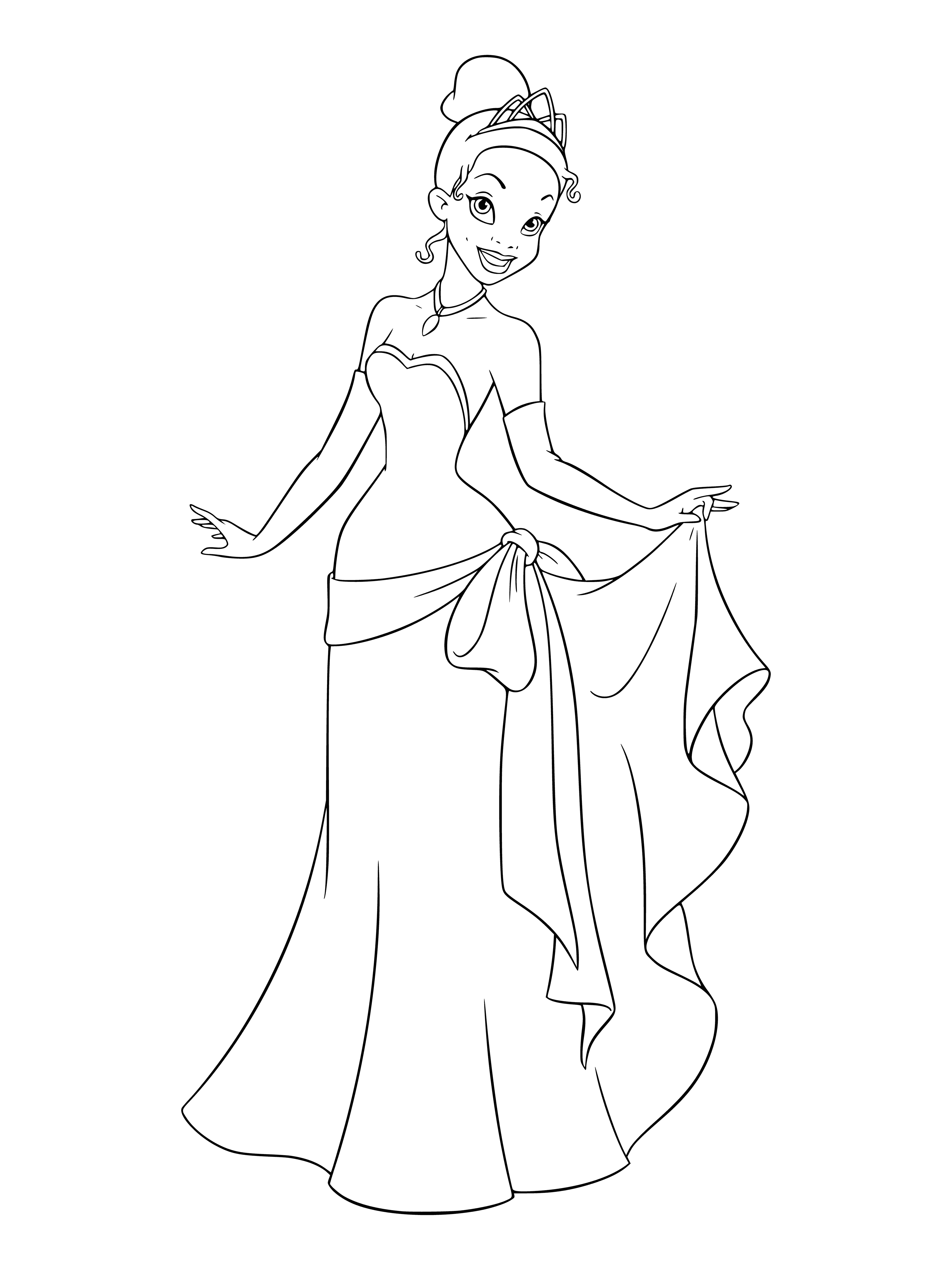 coloring page: Young woman stands in profile w/green dress, white apron & collar. Hair pulled back, right hand on hip, left hand holding trumpet flower.