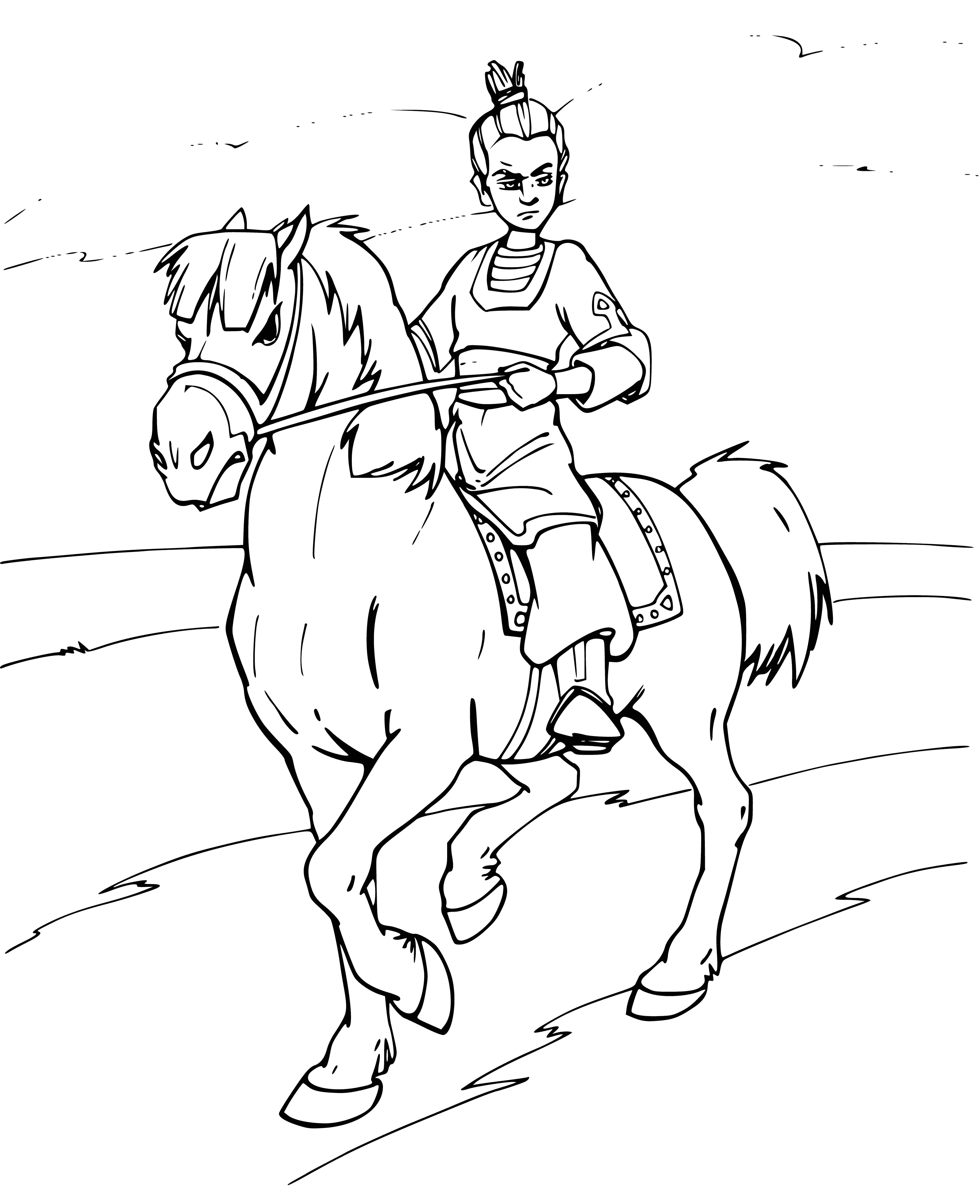 coloring page: Prince Vladimir rides a white horse wearing a blue cape, sword in hand, looking to the left.
