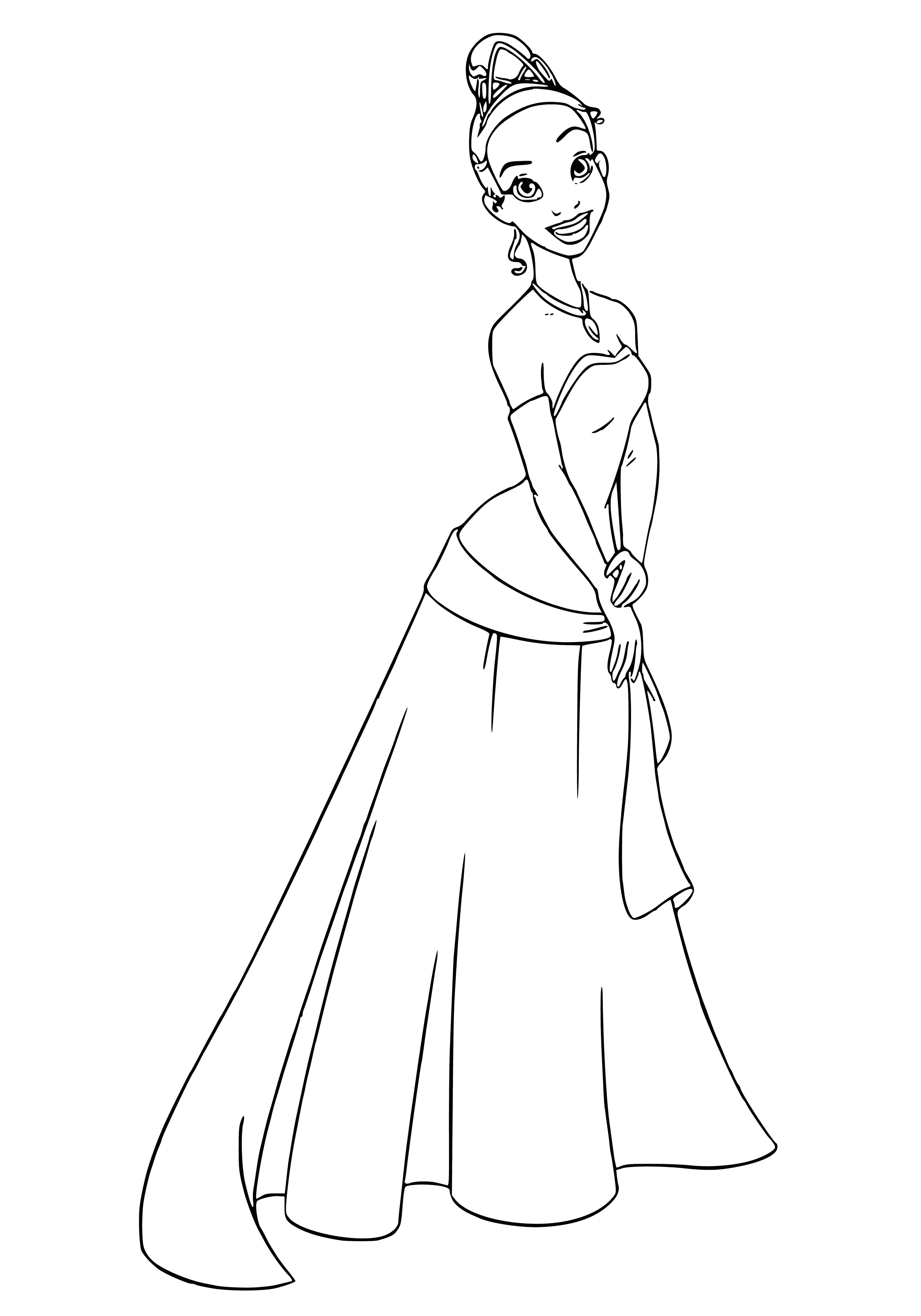 coloring page: Young woman wearing green dress w/ feather headband smiles, looking at camera in front of a building.