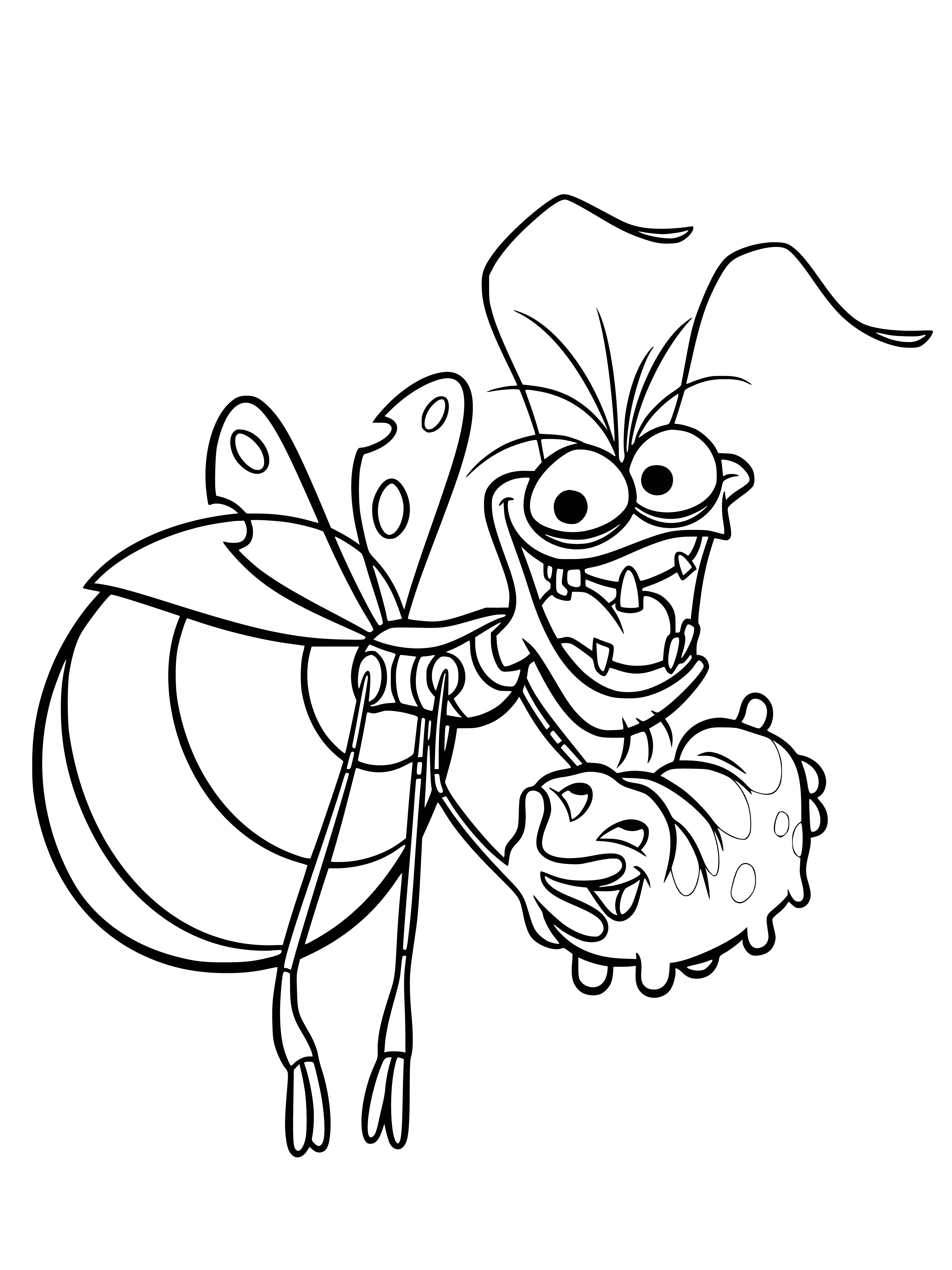 coloring page: Frog sits with firefly on nose, mouth open and tongue out, firefly's wings open.