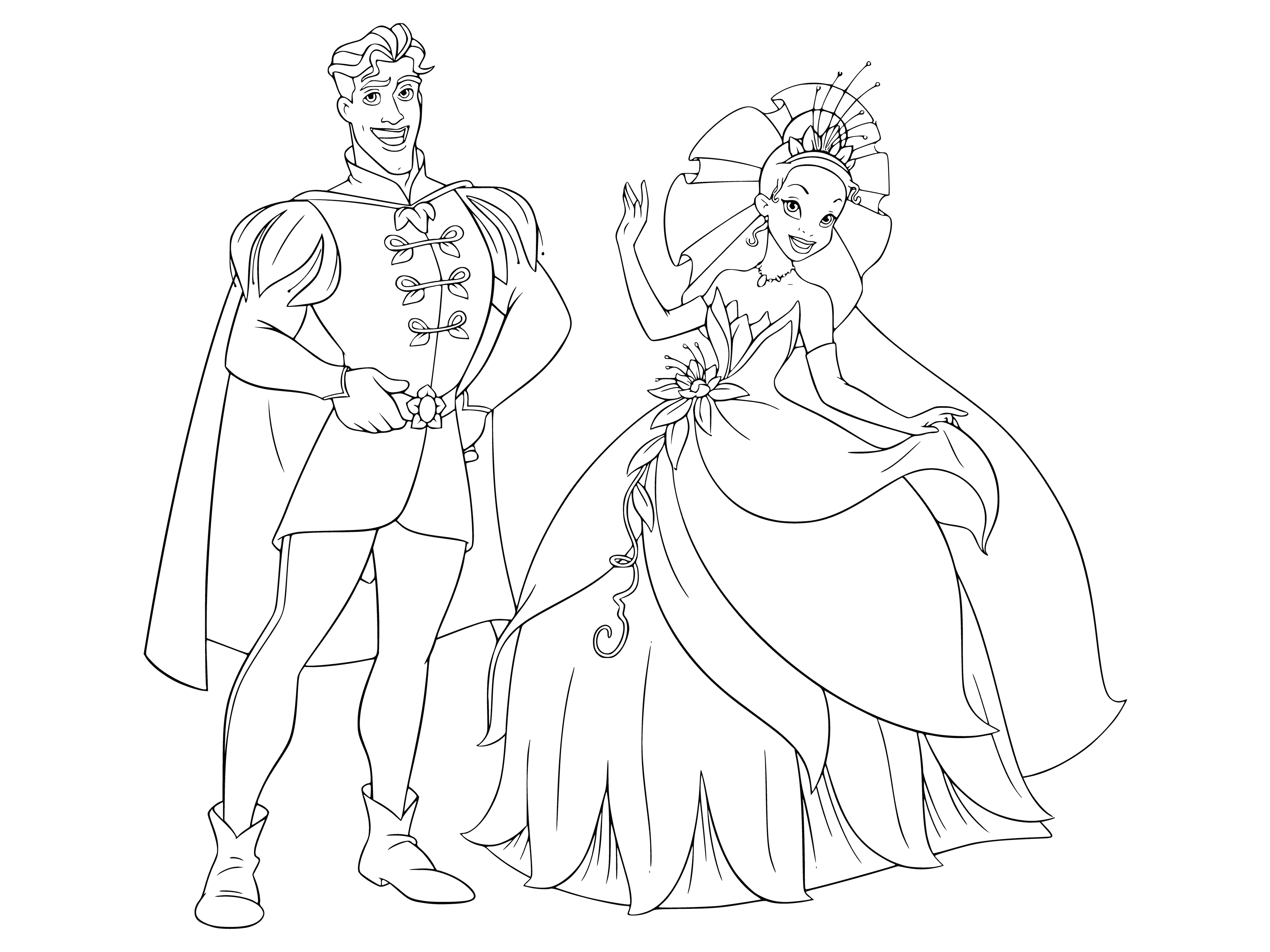 coloring page: Man in purple suit admires woman in green dress w/ purple tiara. They stand in front of large balcony-adorned building.