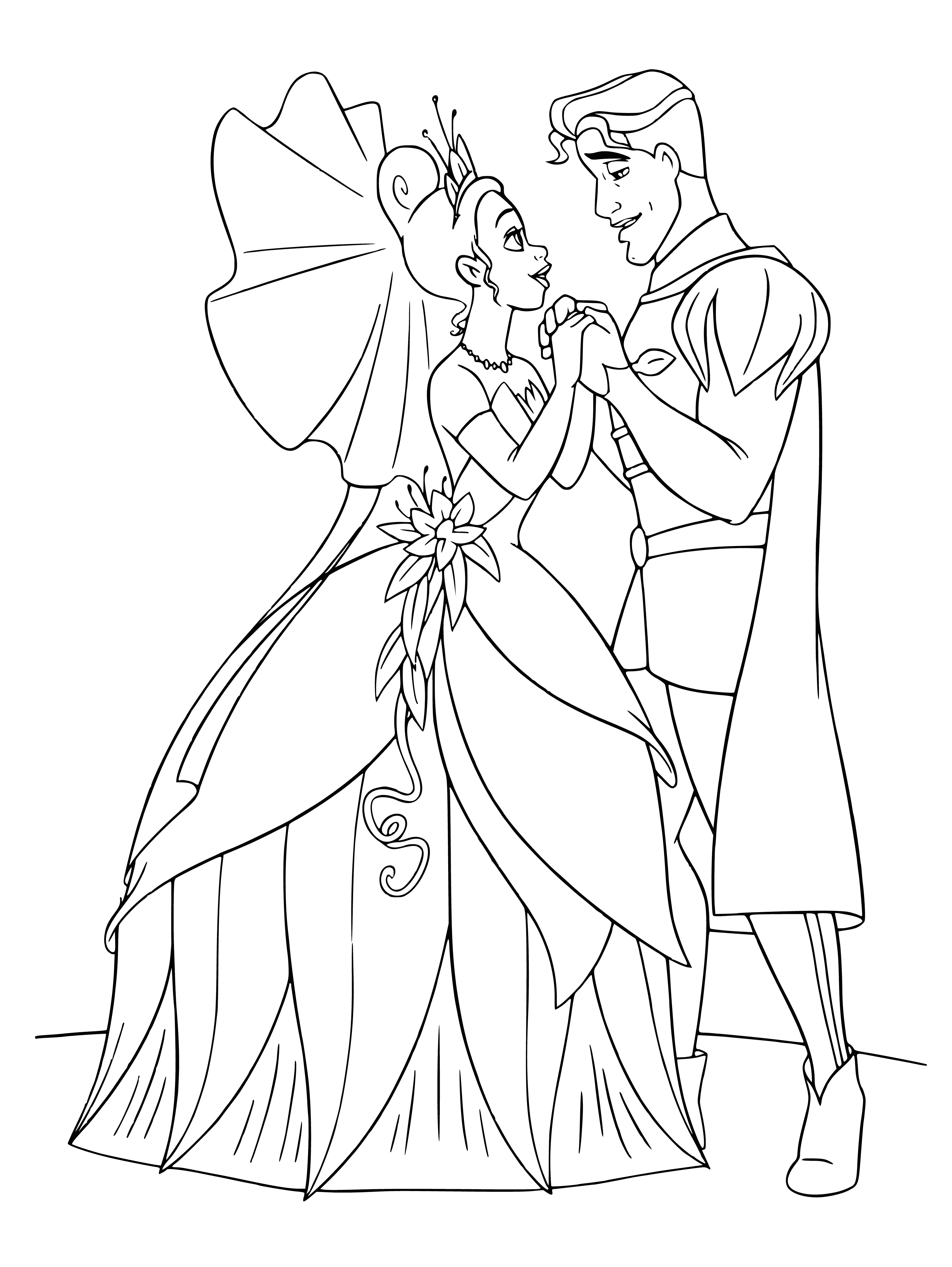 coloring page: Prince & Princess hold hands in front of castle-like building; princess beams at prince.