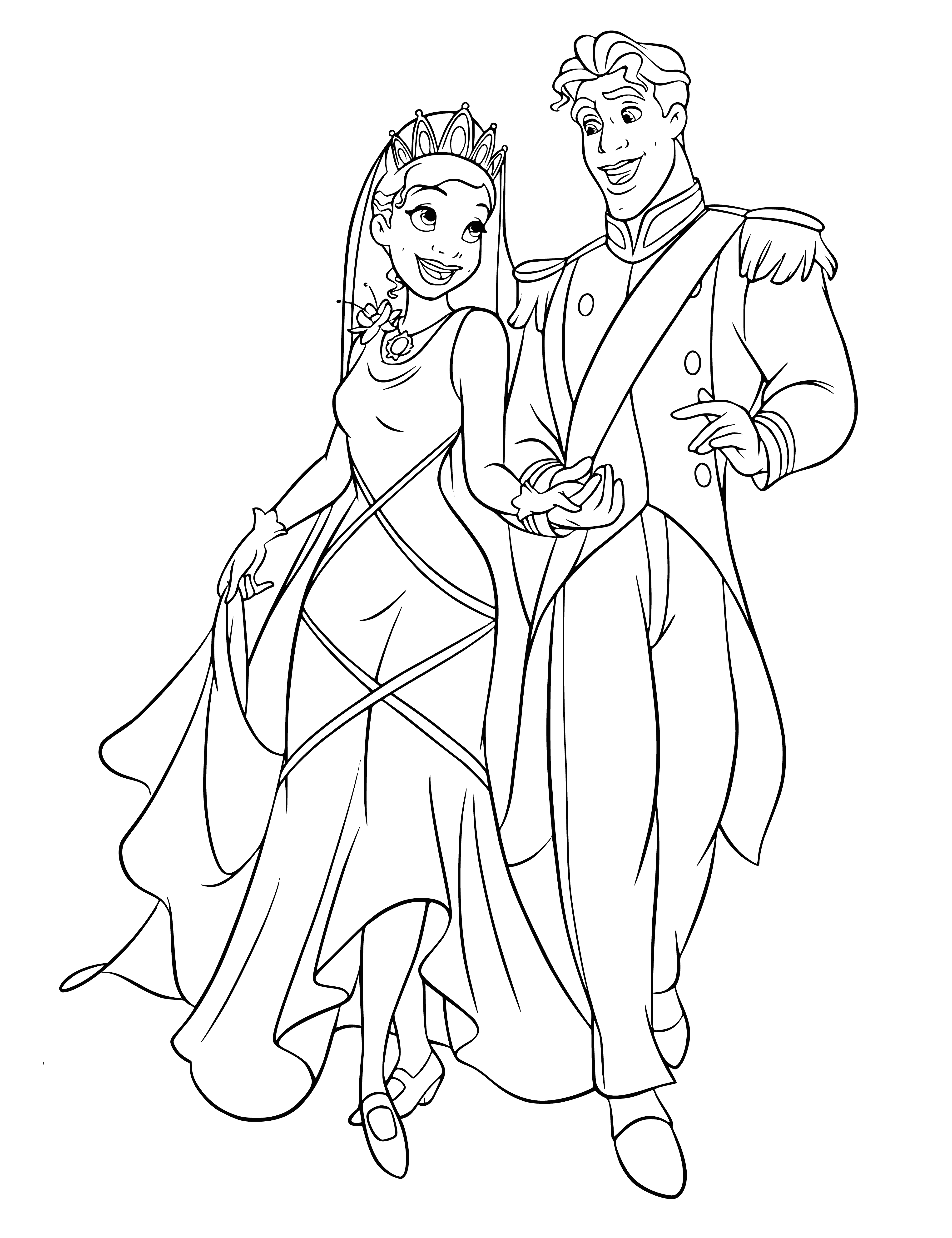 coloring page: Two people in a loving embrace, surrounded by friends & family beneath a large tree. He in a suit, she in white, smiles & joy all around.