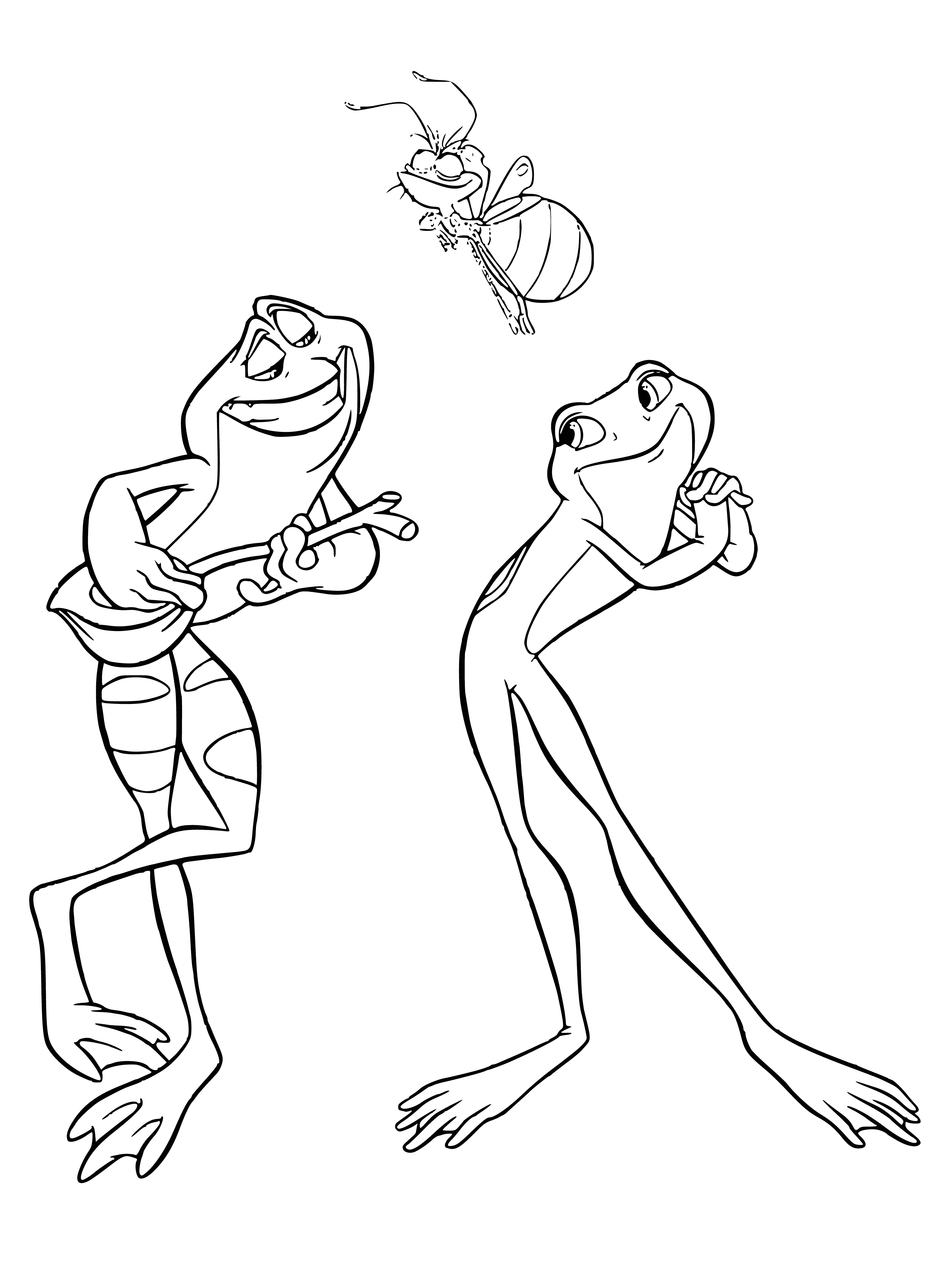 coloring page: A large green frog sings with fireflies around and lily pads beneath its feet.