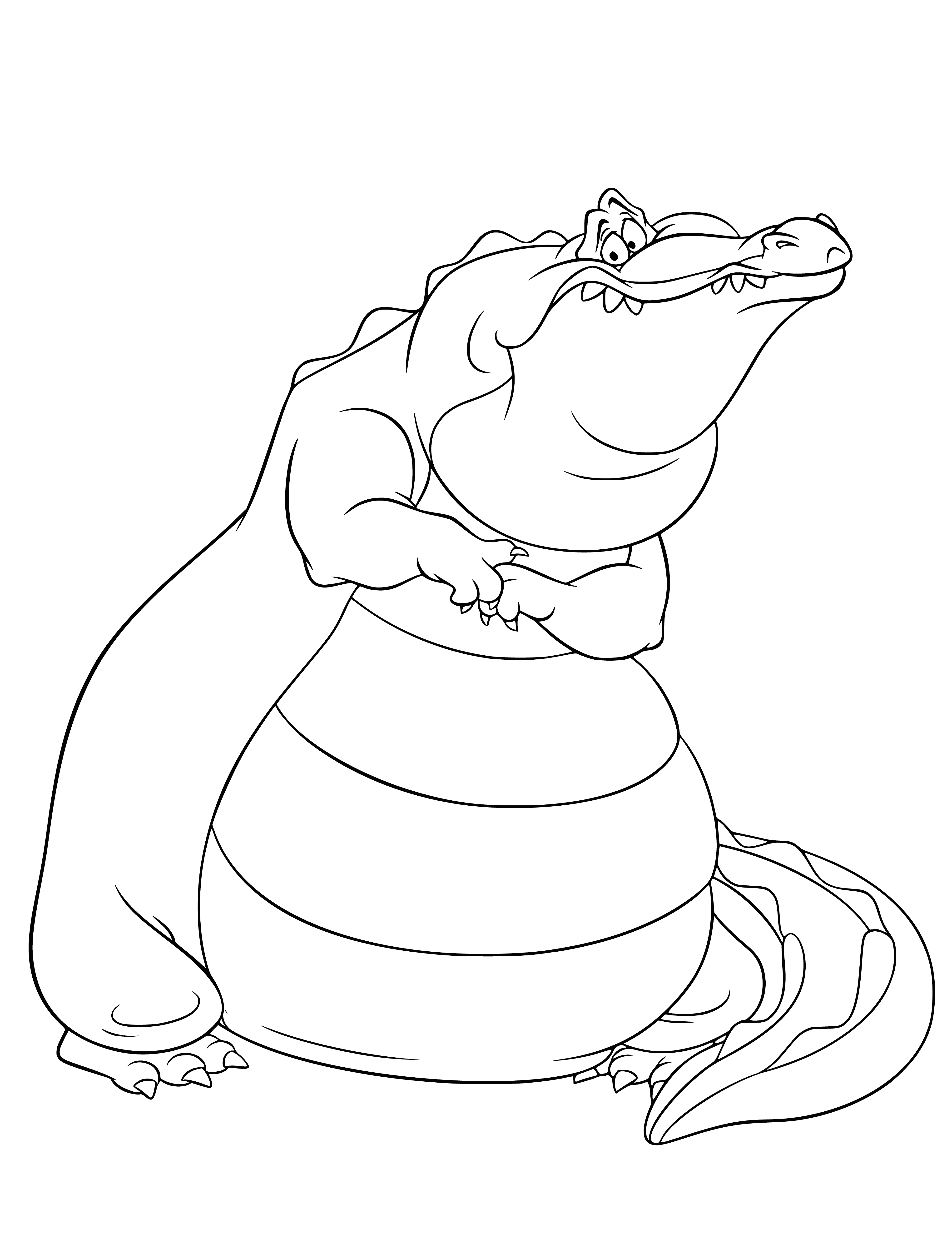 coloring page: An alligator plays trumpet in a band, wearing a purple bowtie and a yellow handkerchief.