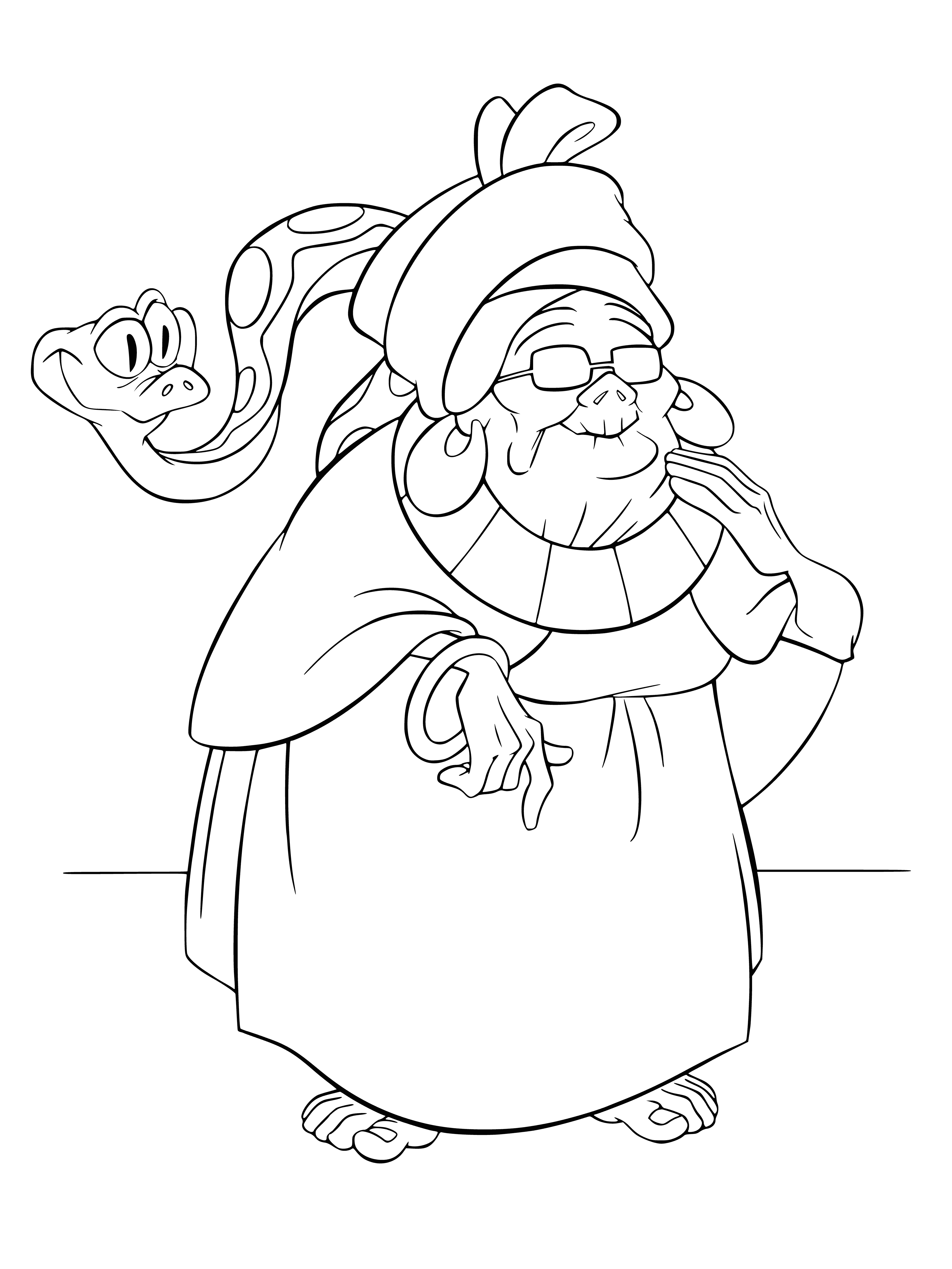 coloring page: An older woman with dark brown skin, a large Afro, and a gap-toothed smile is surrounded by small animals holding a staff.