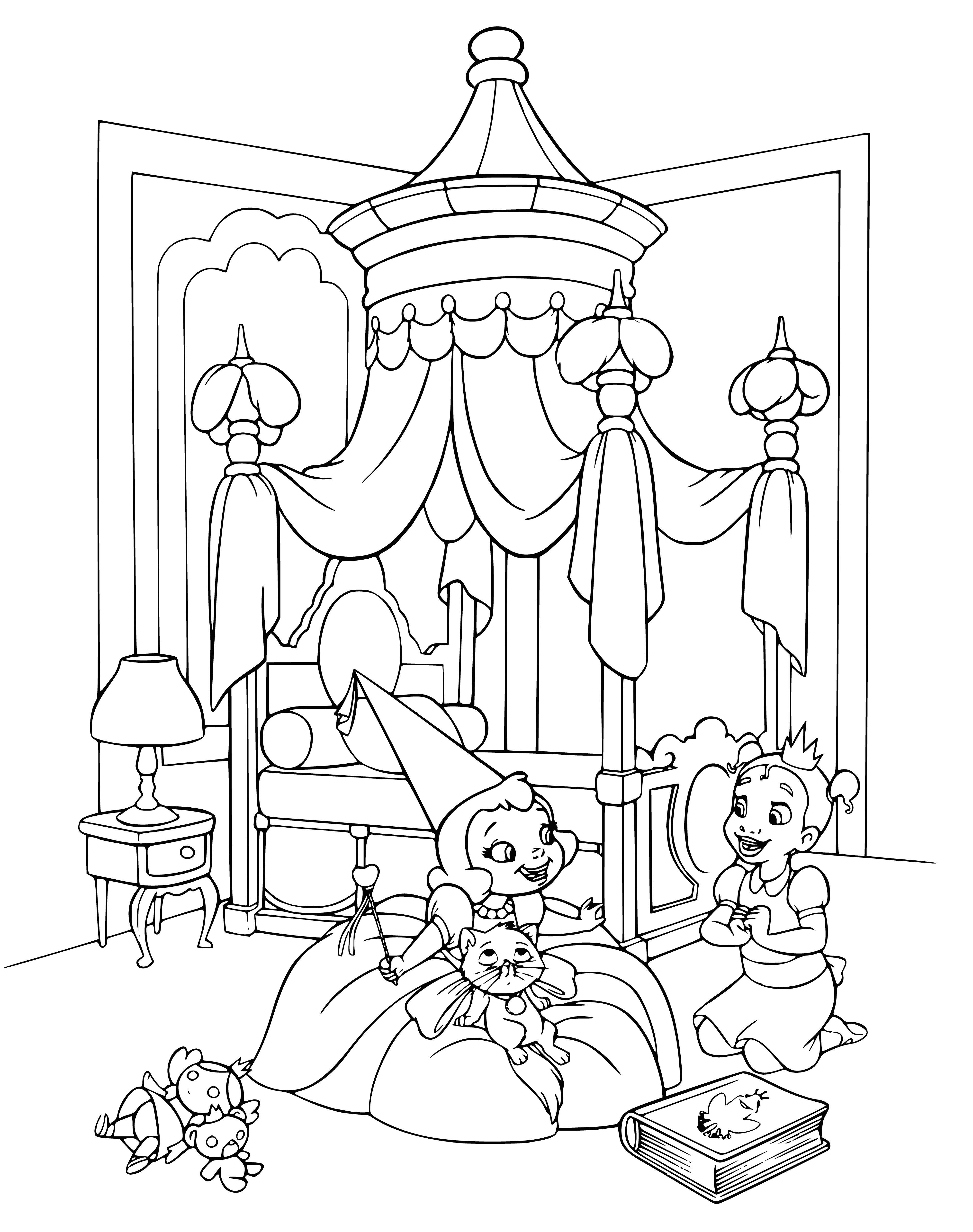 coloring page: A cozy room w/ a four-poster bed, fireplace, armchair, piano, paintings, chandelier, and framed coloring pages. A cozy spot to relax and explore creativity.