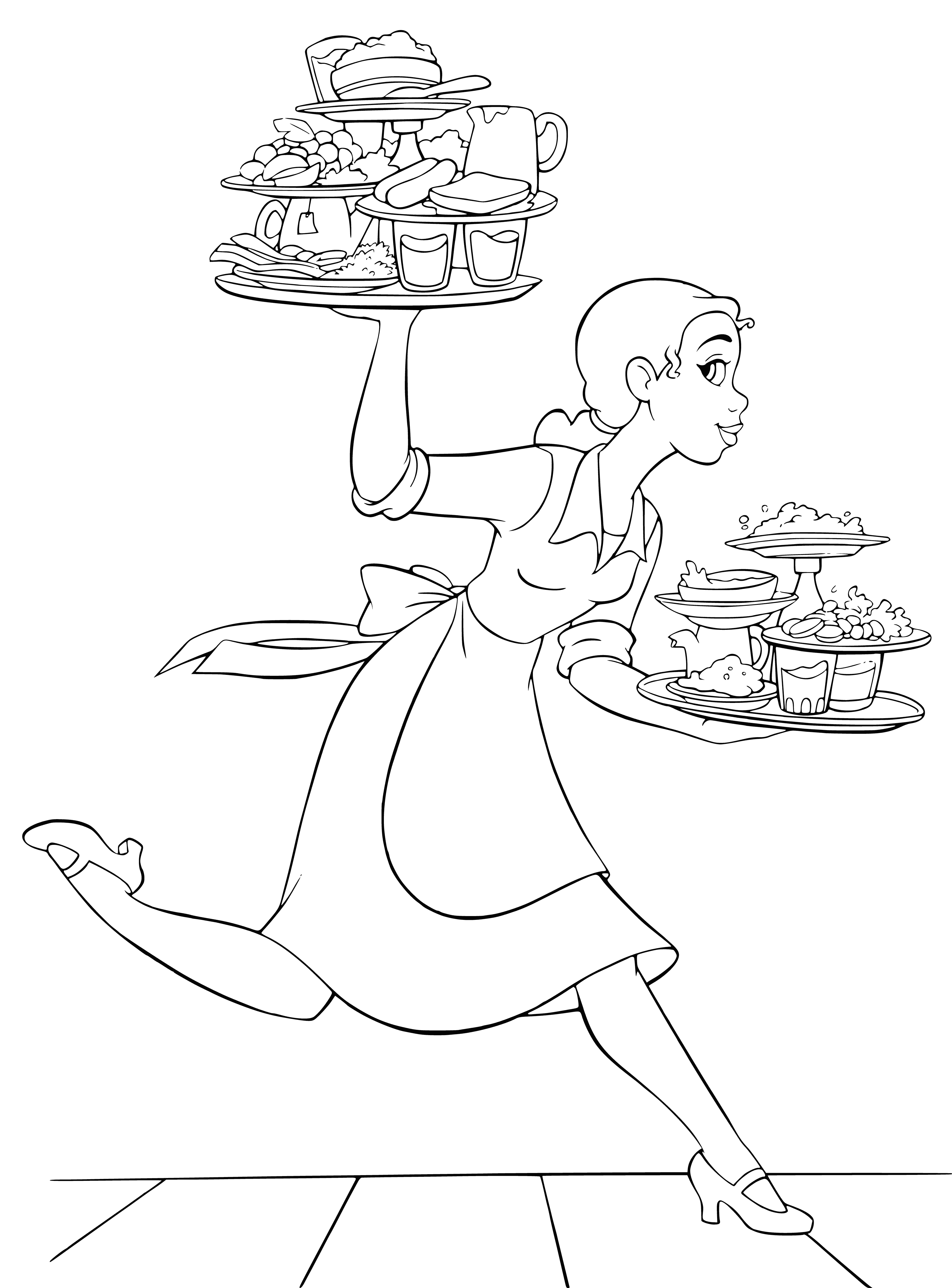 coloring page: Tiana, mid-20s, dark skin, ponytail, smile, white collared shirt, black apron, tray of food.