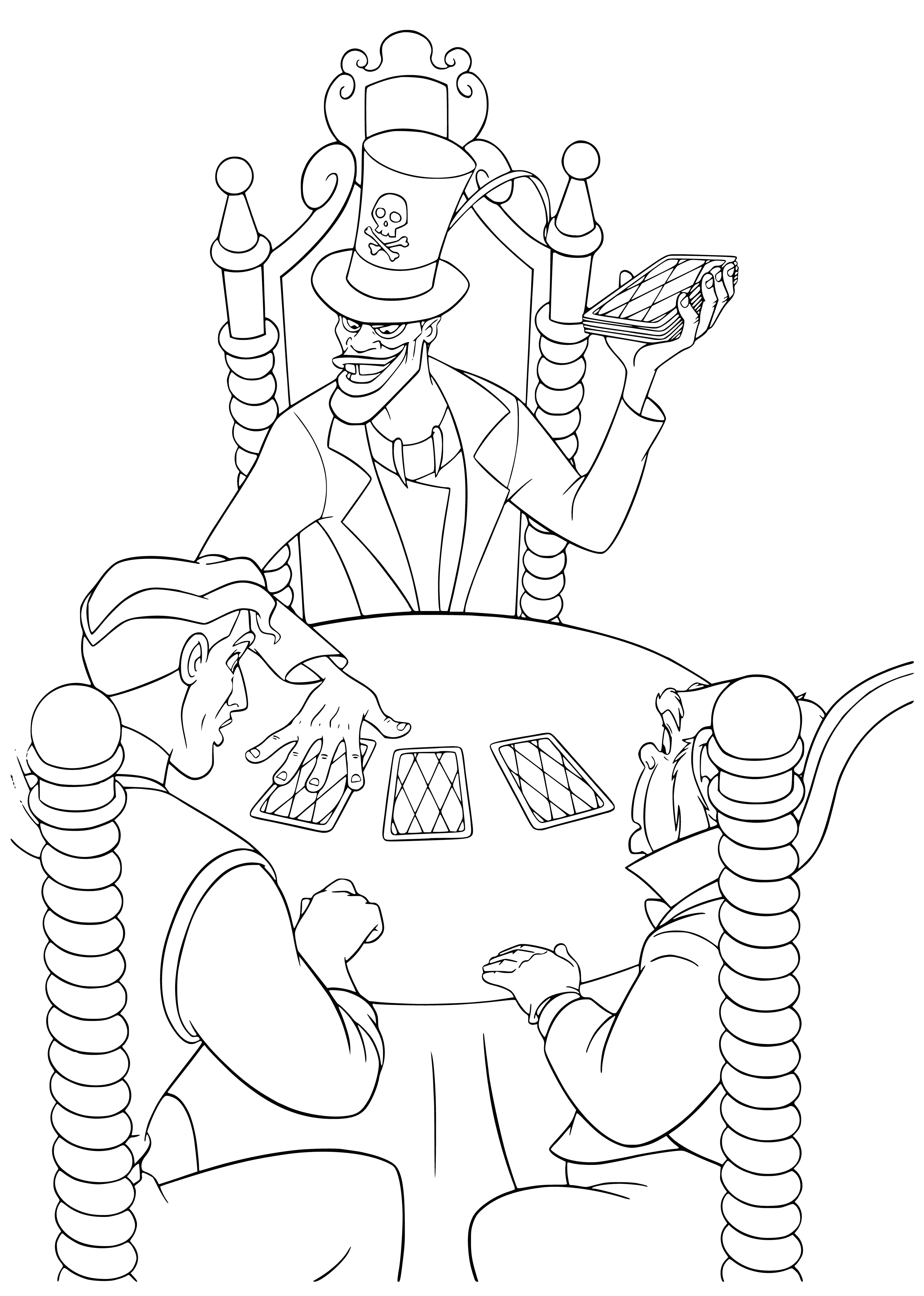 coloring page: Two men, contrasting attire, both sporting gold jewelry, play a game. Behind them is a city skyline.