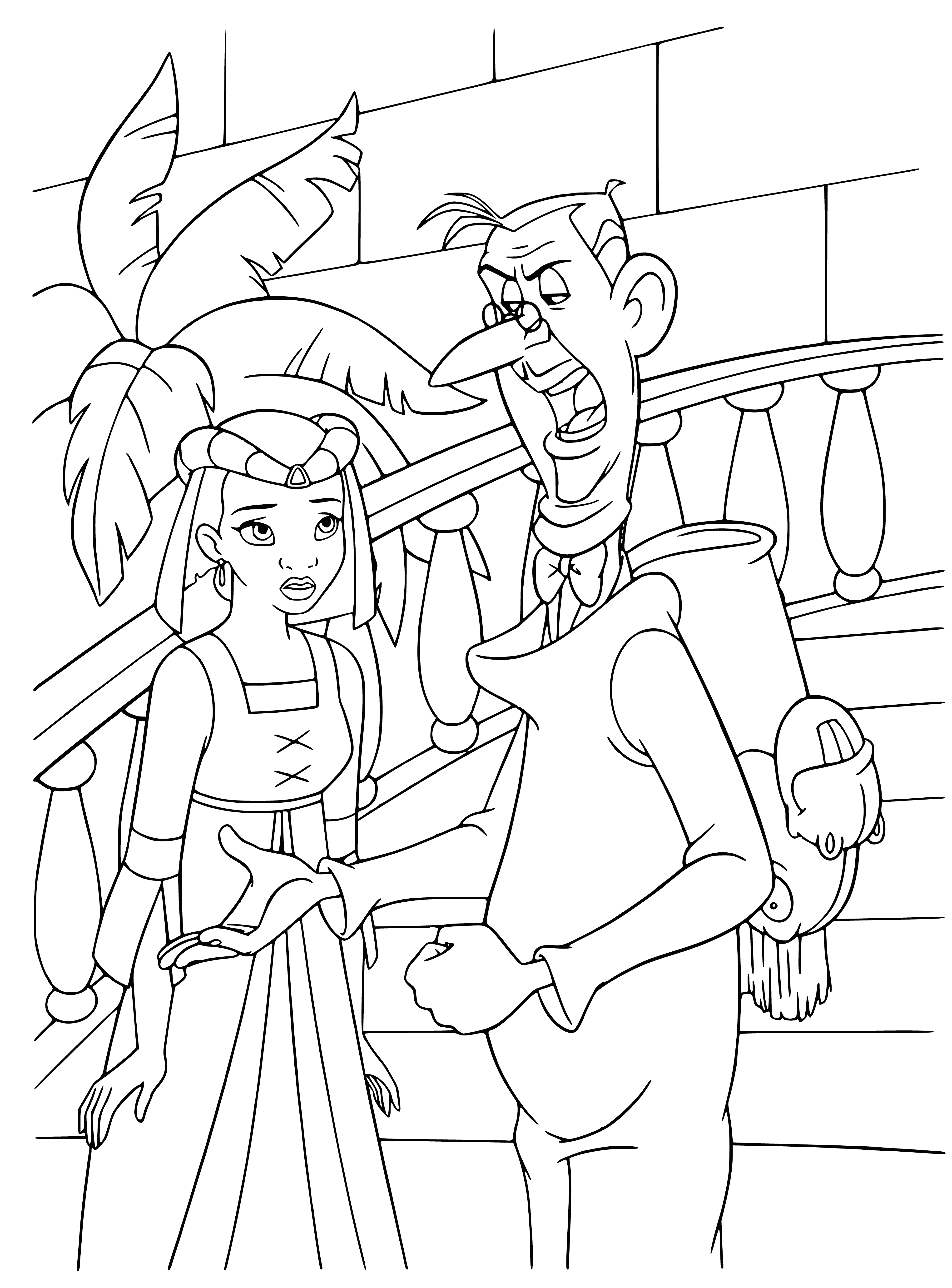 coloring page: Tiana stands assertively behind the counter; the man in front of her looks sly.