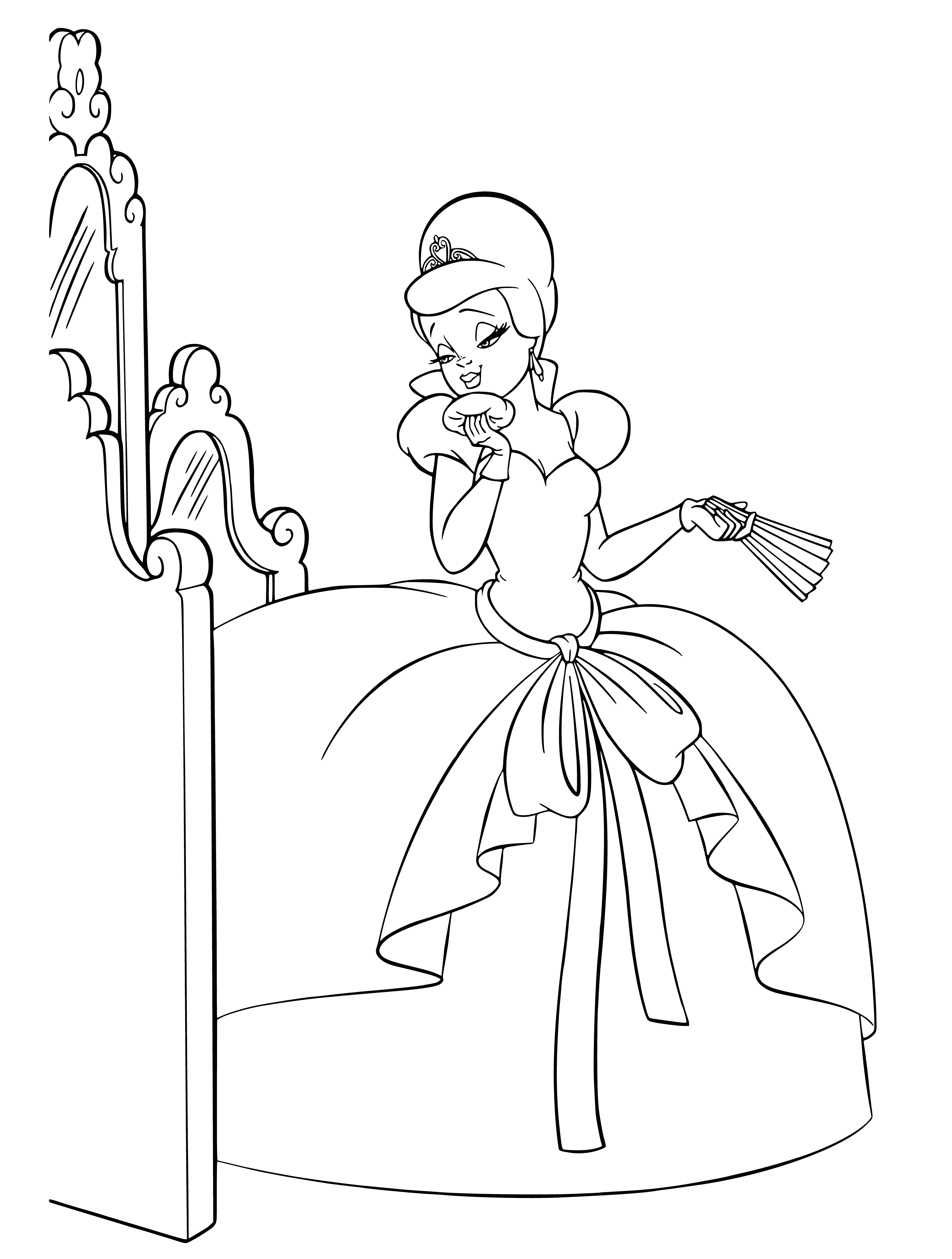 coloring page: Tiana & Charlotte stand at a green door, Tiana holding a key. Charlotte smiles & excitedly awaits the surprise.