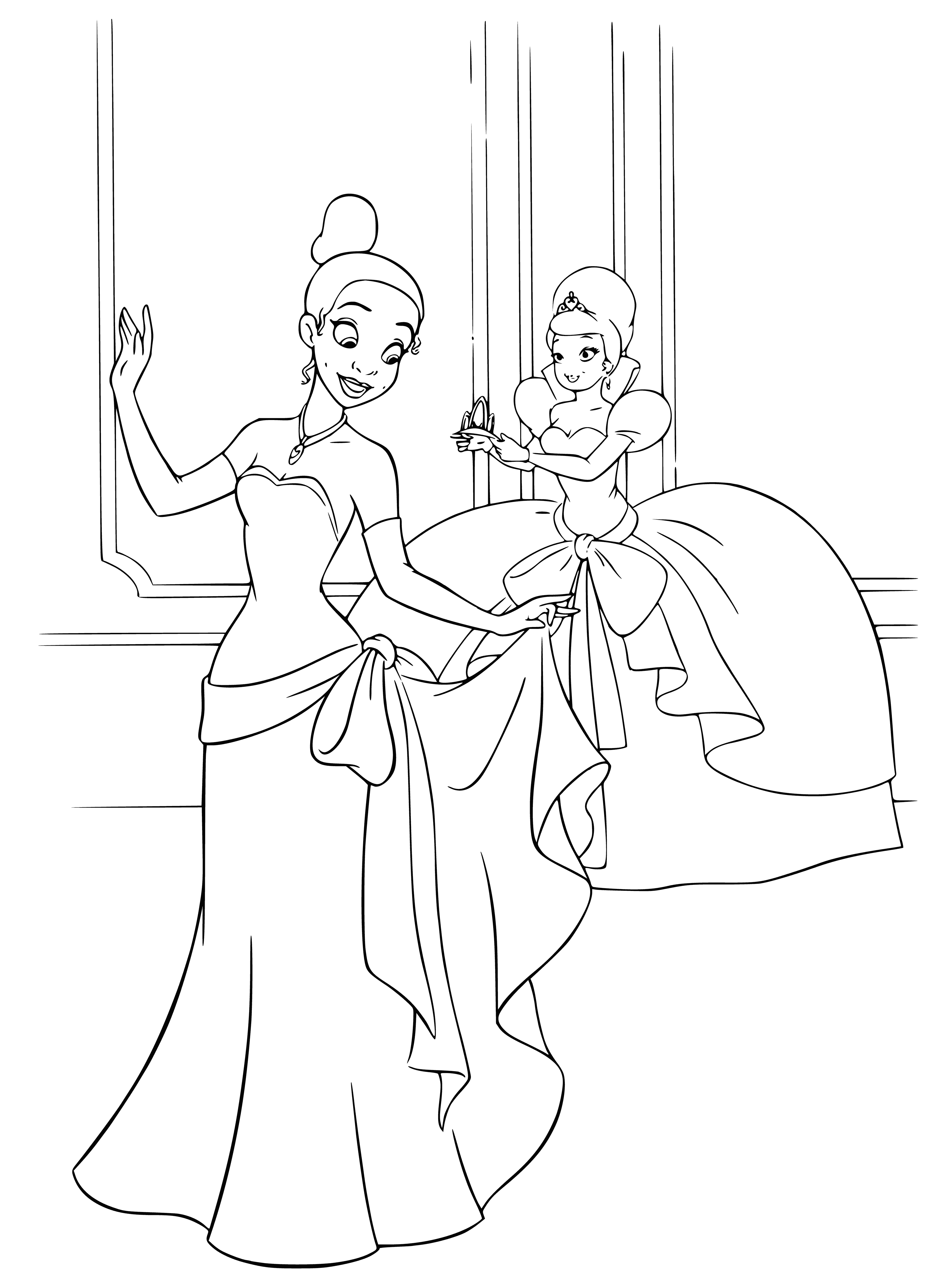 coloring page: Girl in green dress standing next to frog on lily pad, both smiling.