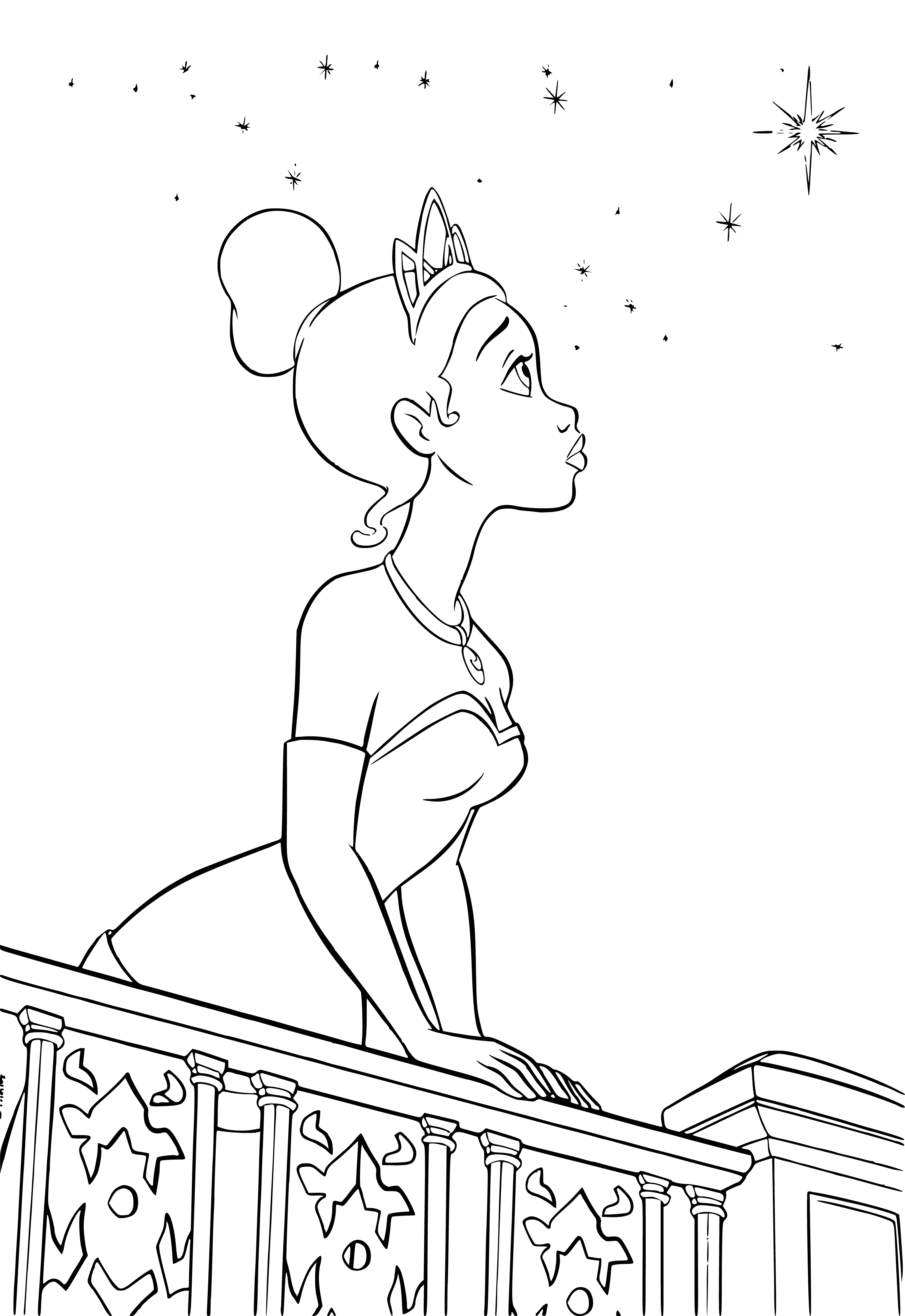 coloring page: Tiana holds a small frog and is ready to make a wish in a dark room.