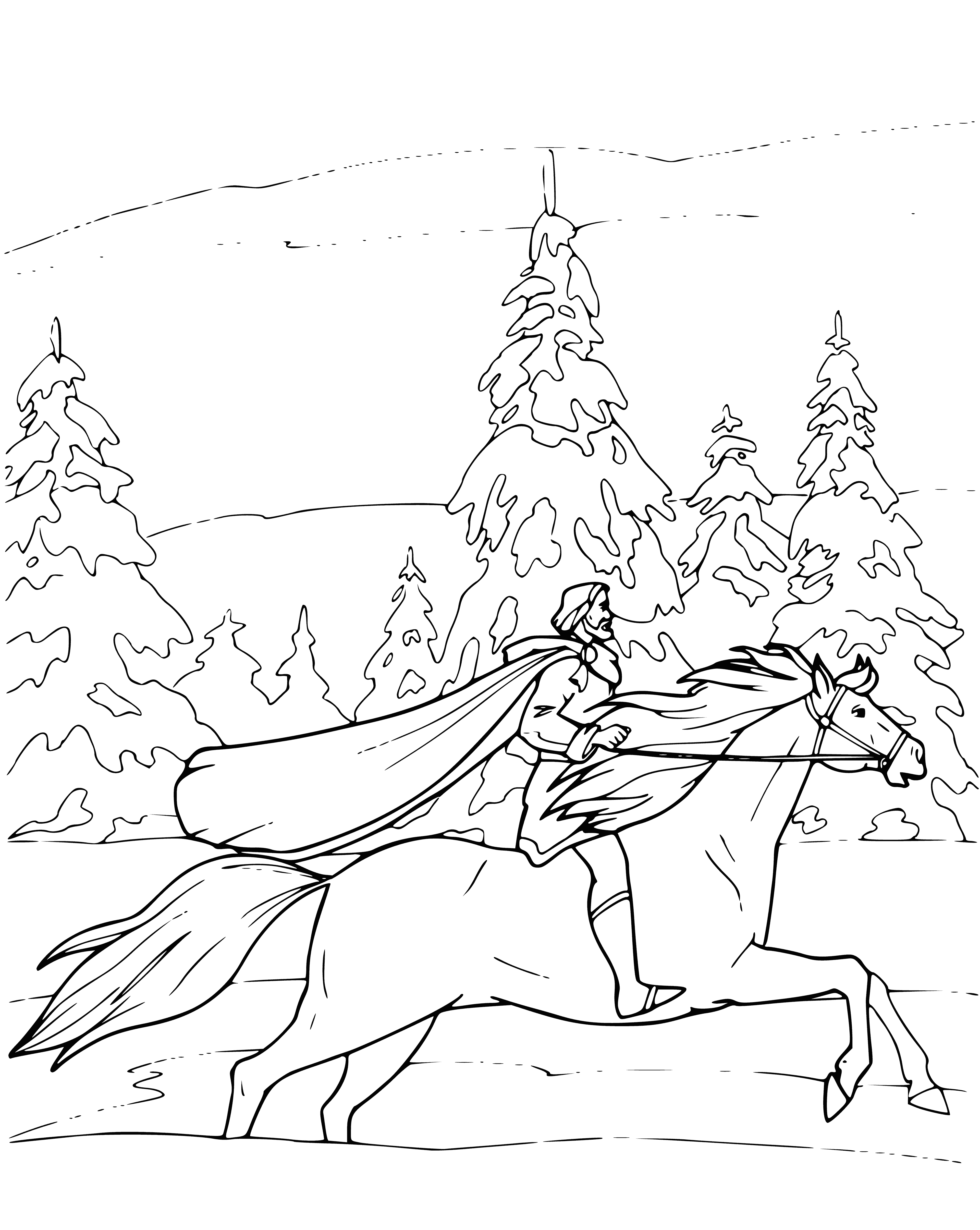 coloring page: Man in armor & cape atop rearing horse, spear pointed down. Face set, eyes fixed on distant object. Tail flying, front legs pawing.