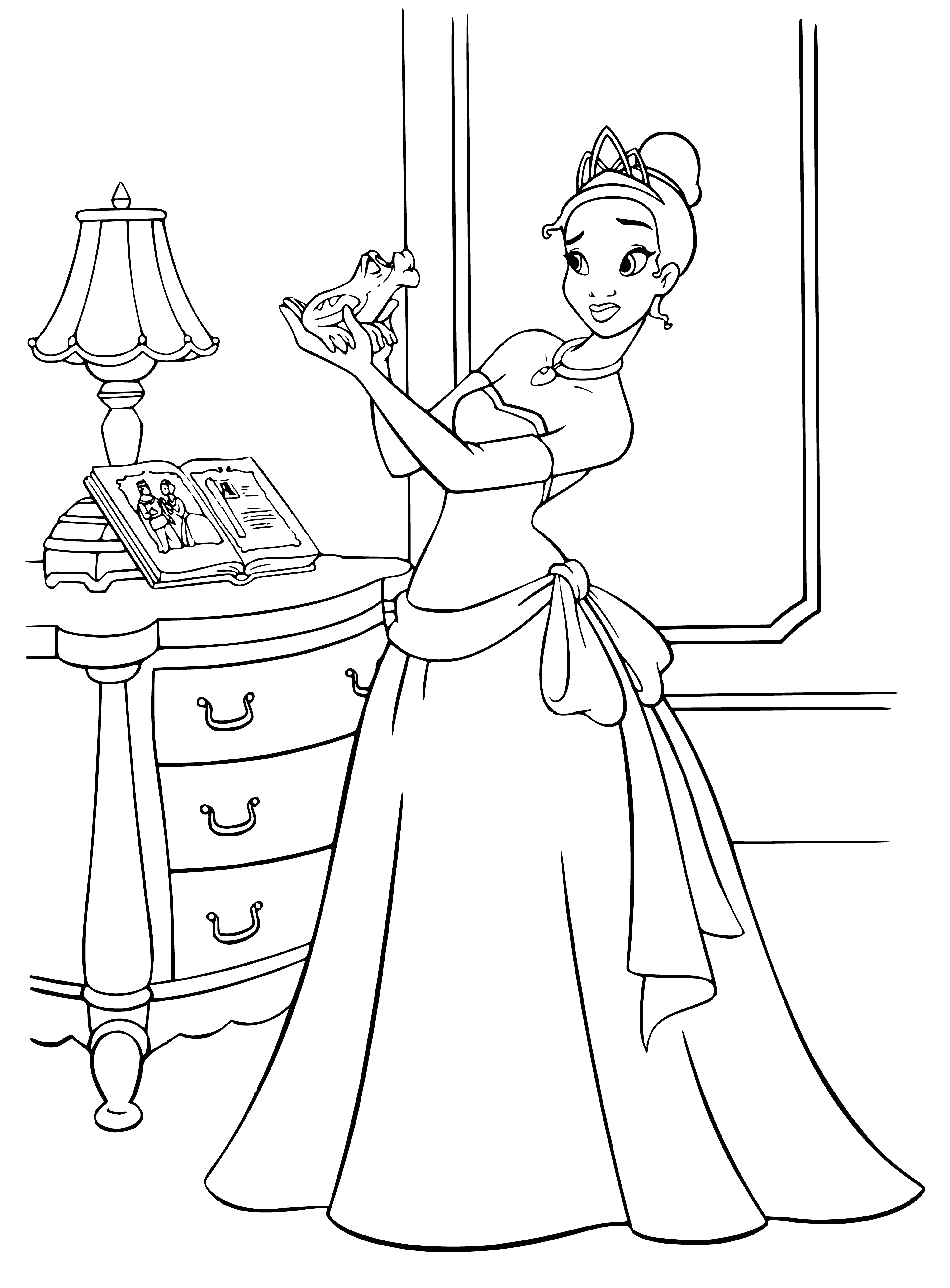 coloring page: A young woman in a green dress with yellow accents stands before a large, green frog with orange eyes wearing a purple vest. She looks happy and excited.