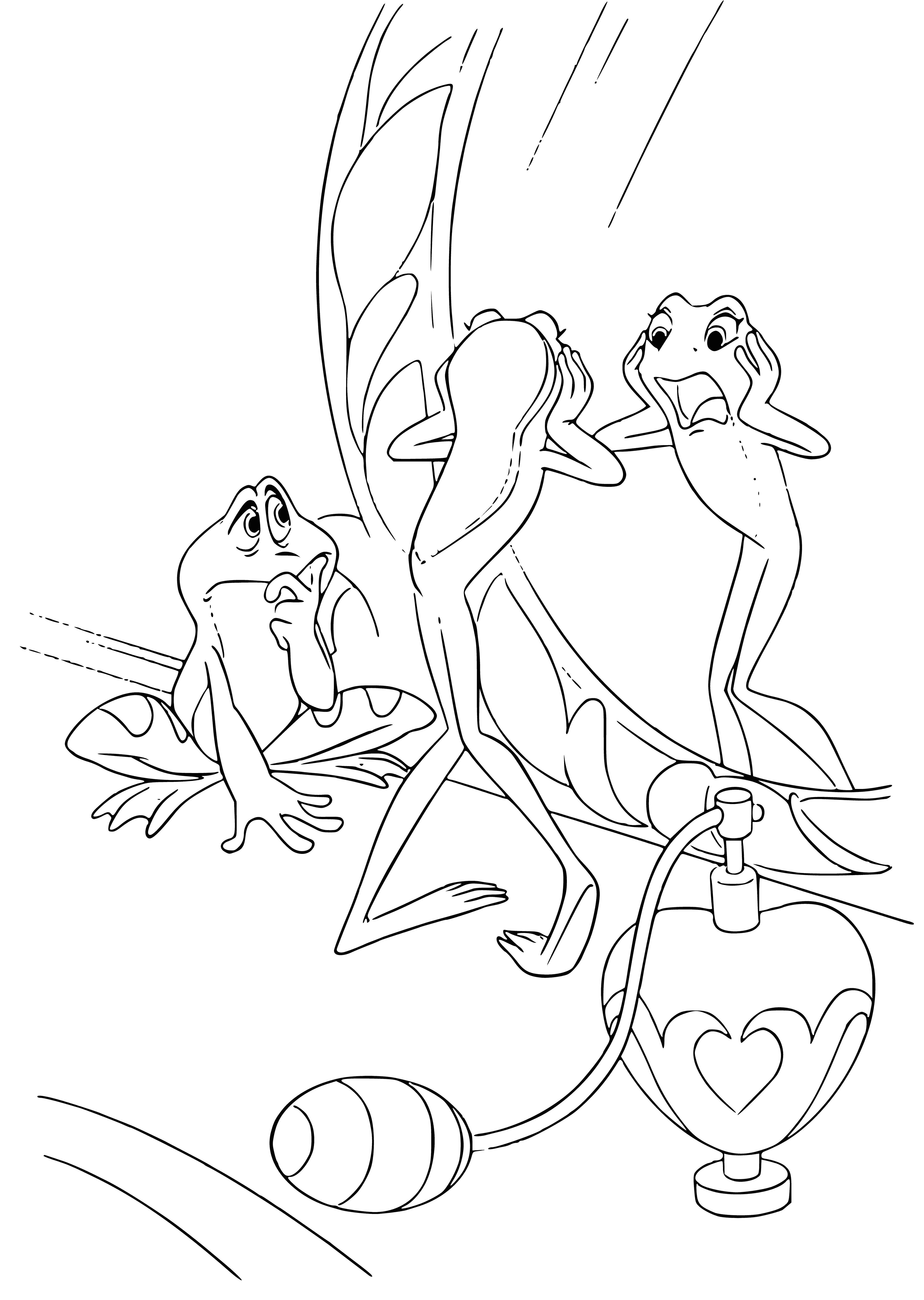 coloring page: Tiana is a frog, worried and on a lily pad surrounded by other frogs.