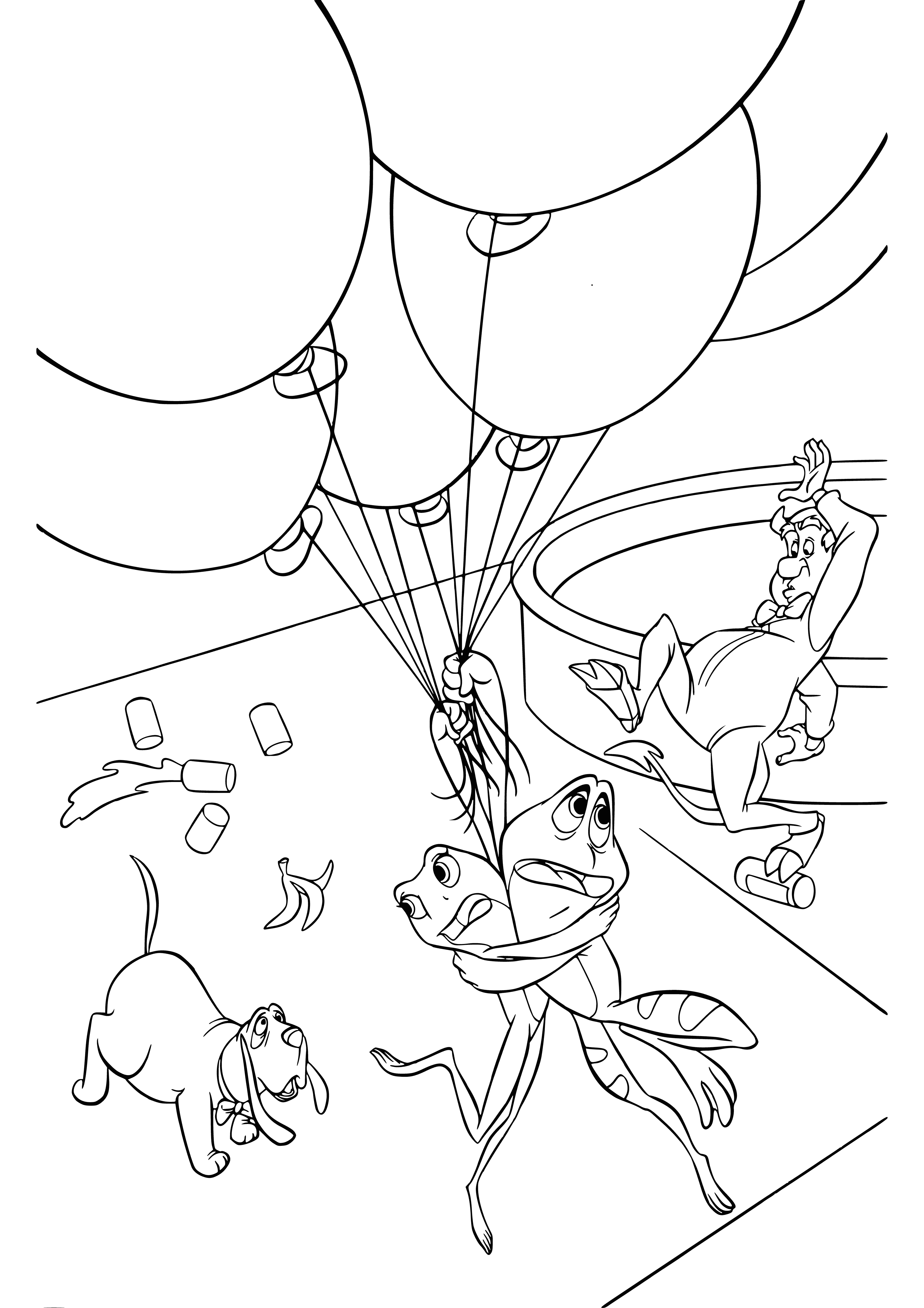 coloring page: Disney Princess Tiana & her frog prince wave goodbye from a colourful hot air balloon, soaring into the sky with helium-filled vigour.