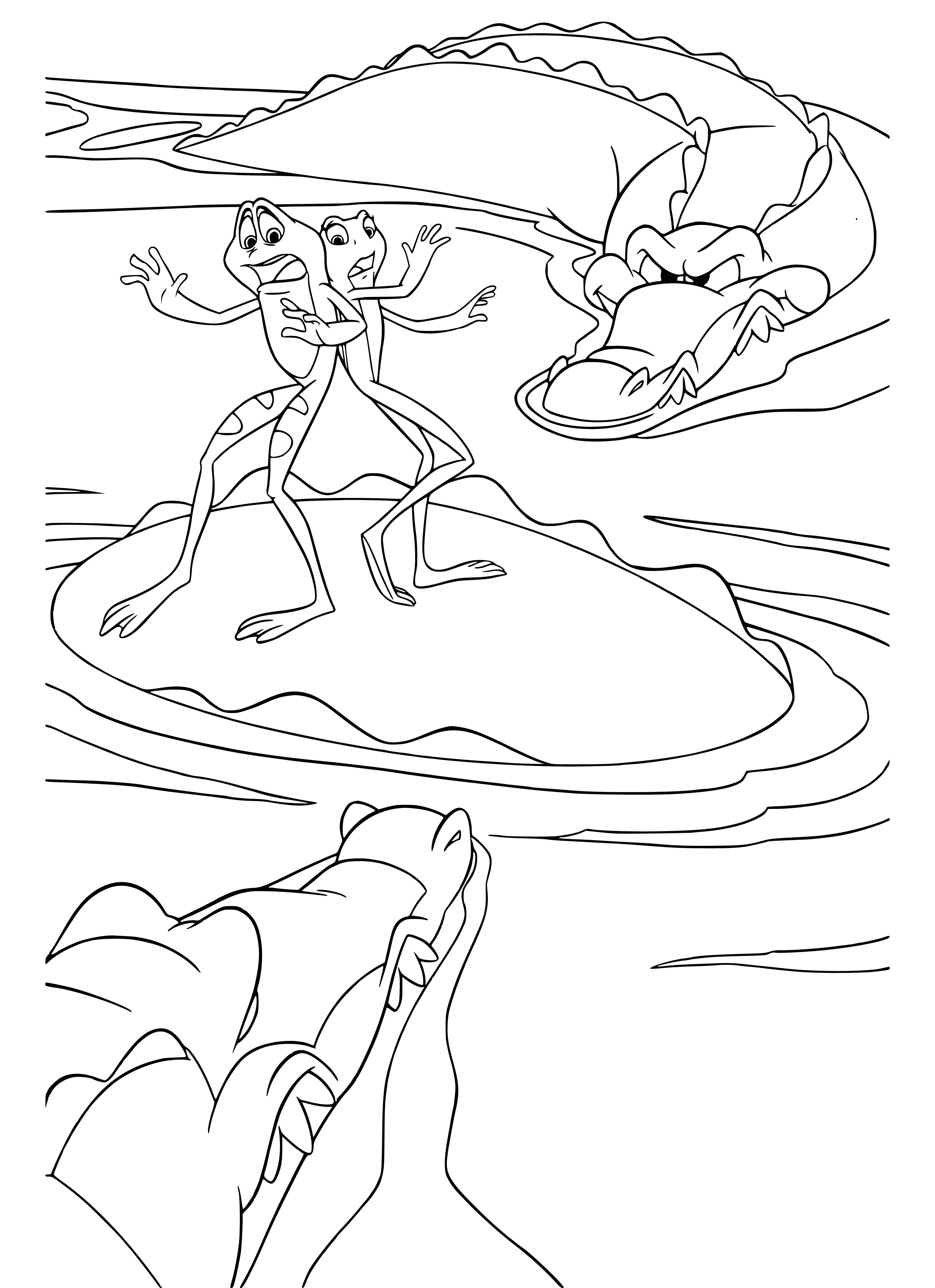 coloring page: Man & woman in car attacked by crocodile, mouth open & ready to bite.