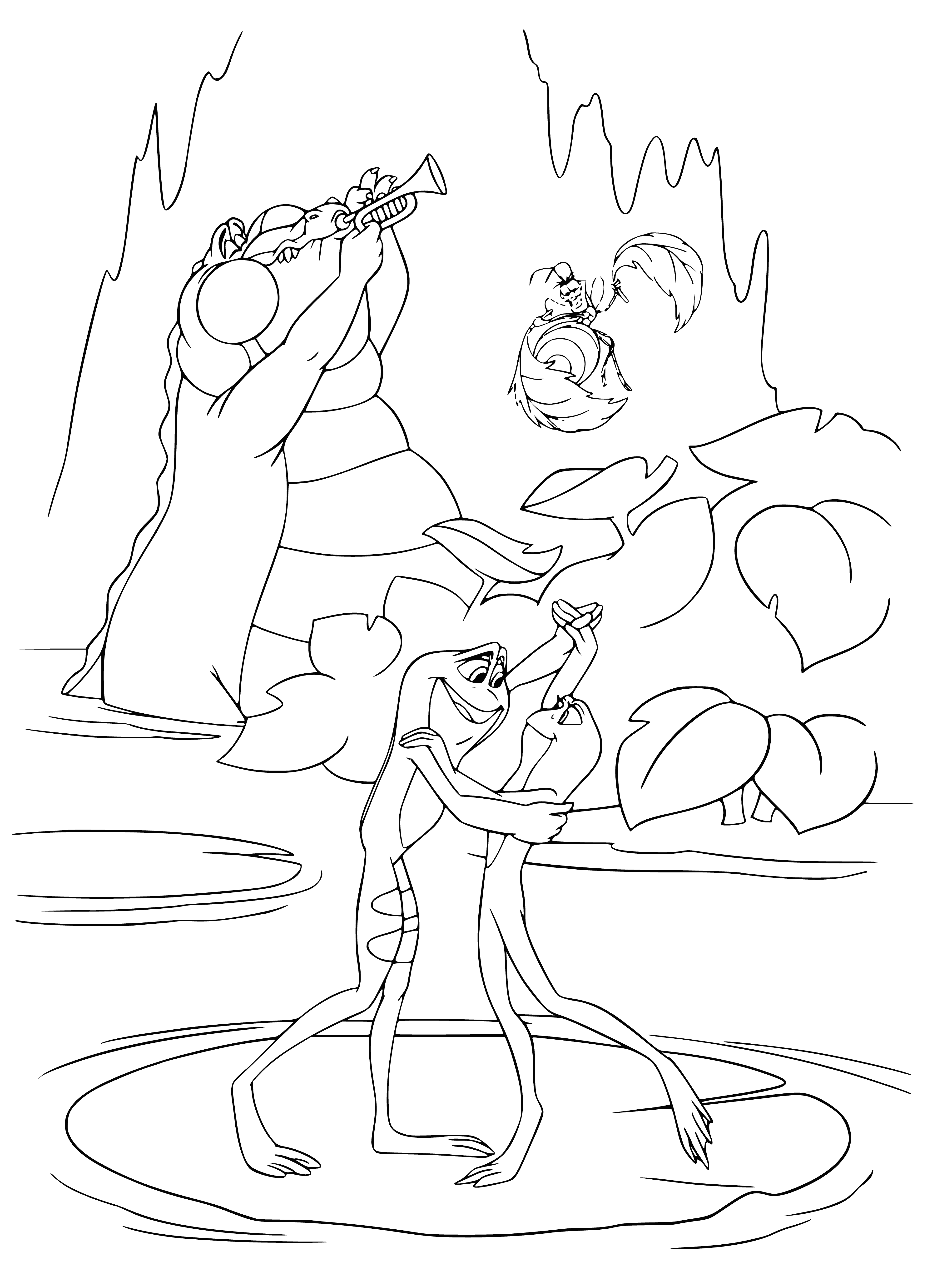 coloring page: Frogs of all sizes dance in a circle, jumping & standing on hind legs with smiles on their faces.