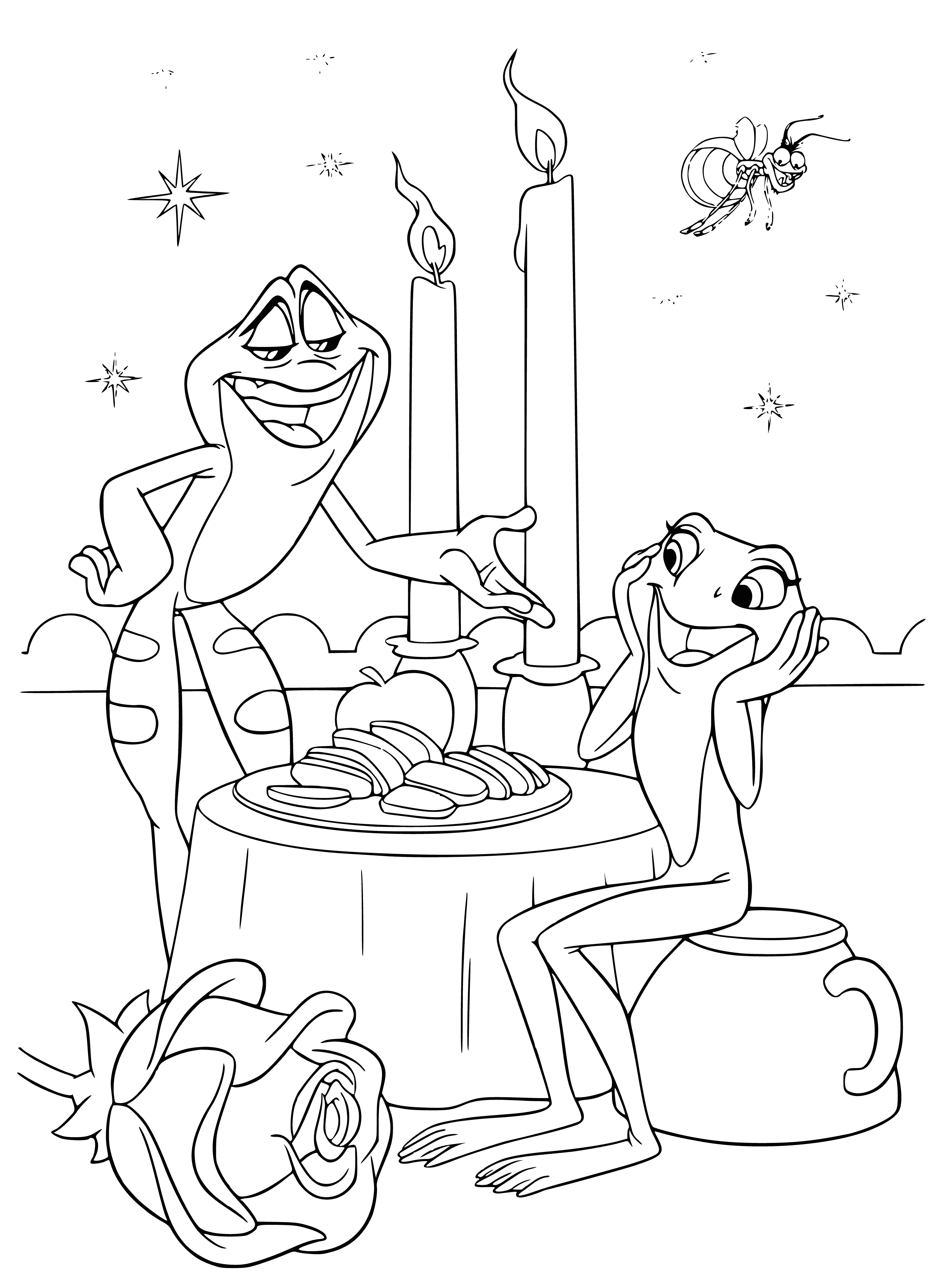 coloring page: A romantic evening: Frog Prince and Princess standing on a lily pad, in love, against a beautiful sky.