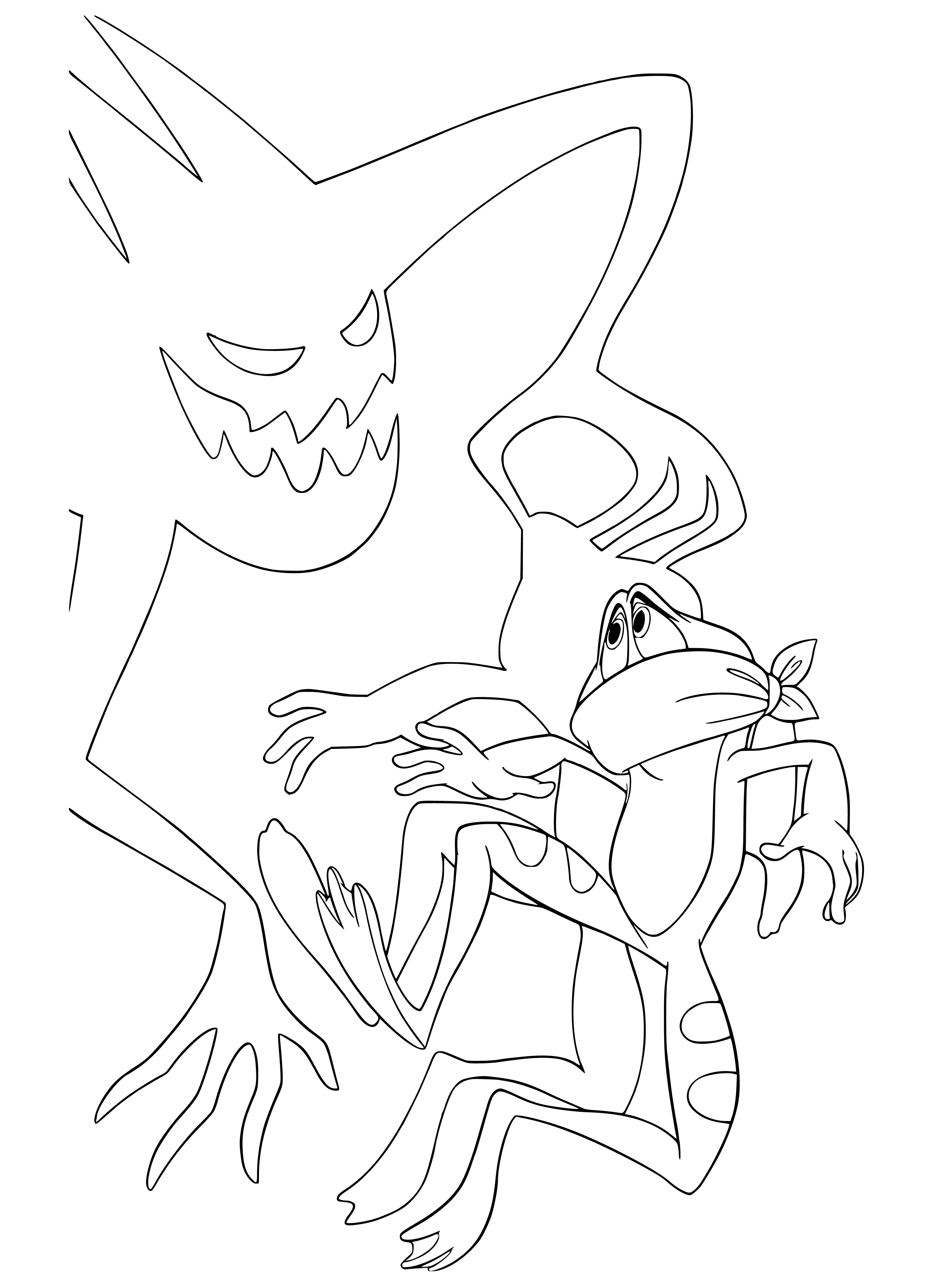 coloring page: Princess held captive by frog-like creature; frog has green body & yellow belly; princess pale & terrified; frog holds her waist with webbed hands.