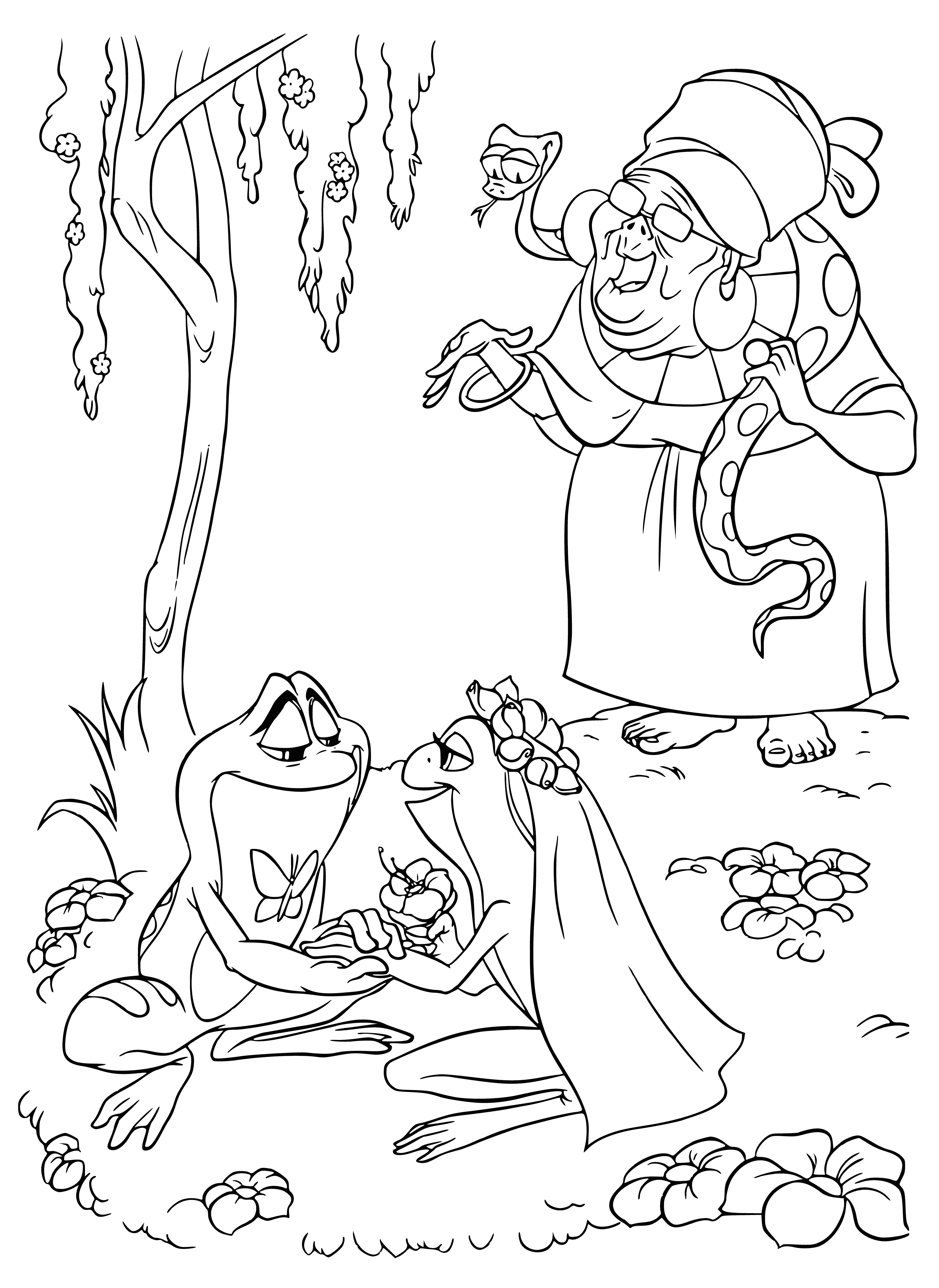 coloring page: Two frogs in crowns embrace on lily pads with other frogs in the background.