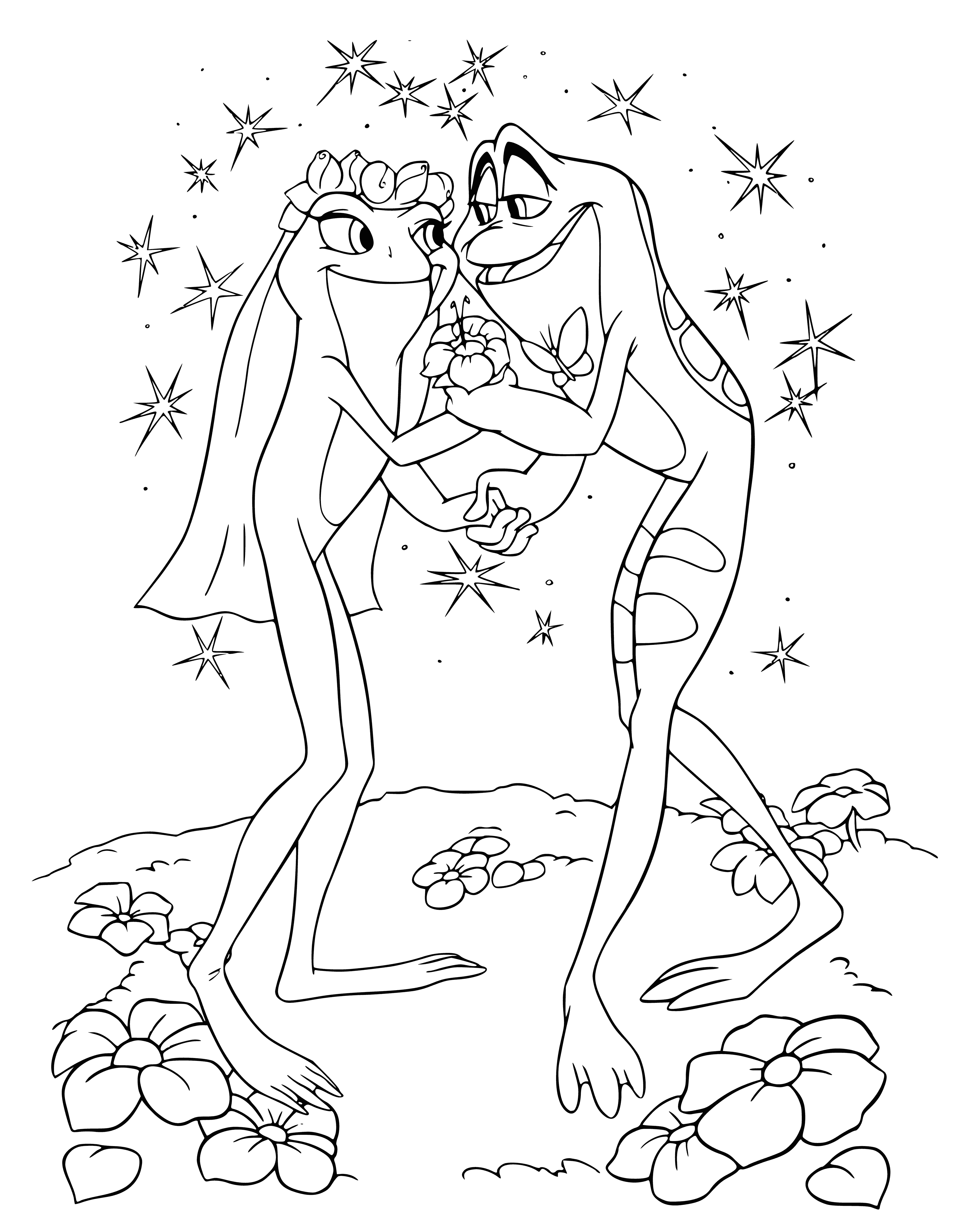 coloring page: Tiana and Navin, with brown skin and black hair, stand smiling and look at each other; she's in a green dress, and he in a red shirt and blue pants.