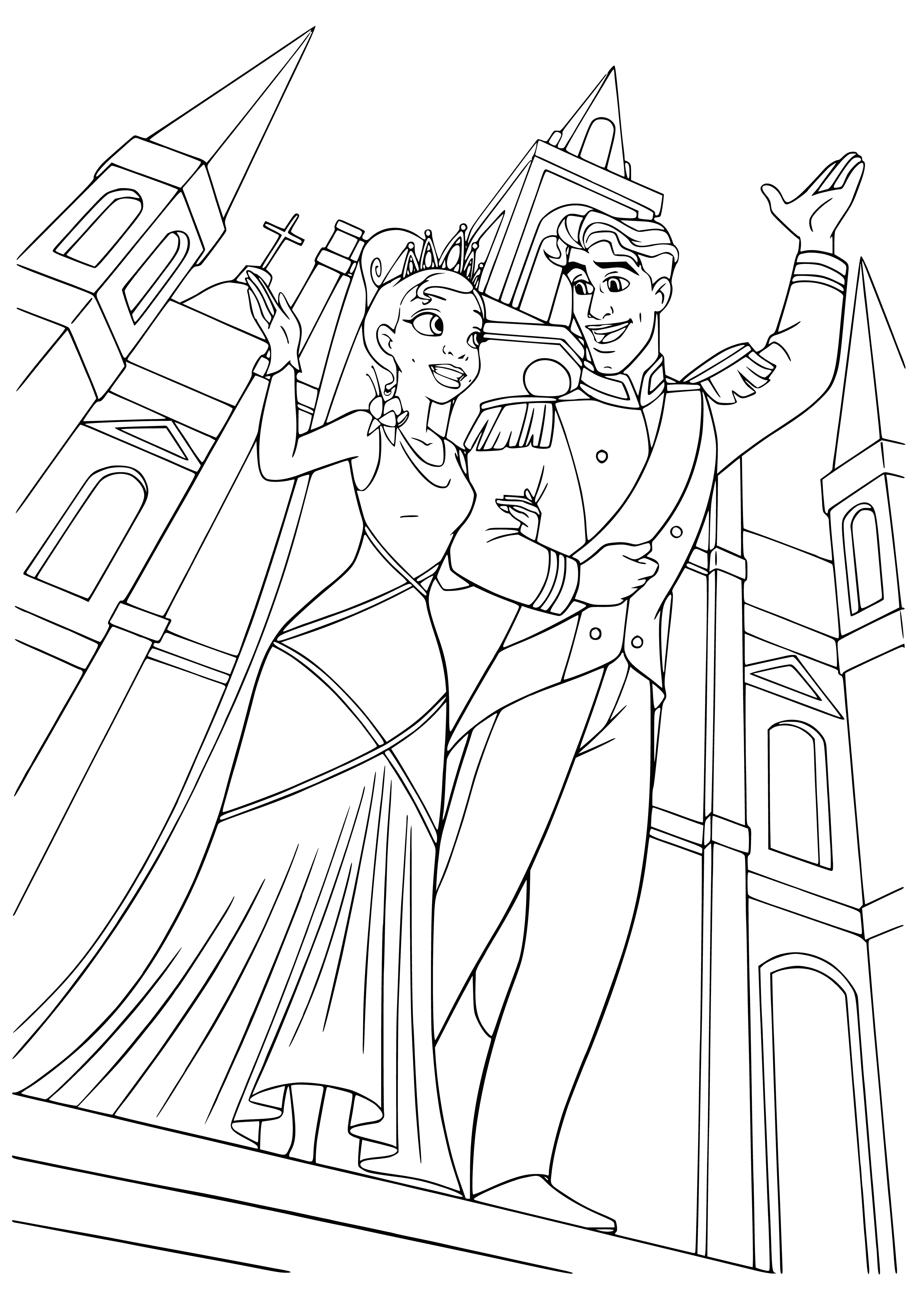 coloring page: Couple in wedding attire stands in the center of coloring page surrounded by people, trees, and flowers. They hold hands and smile.