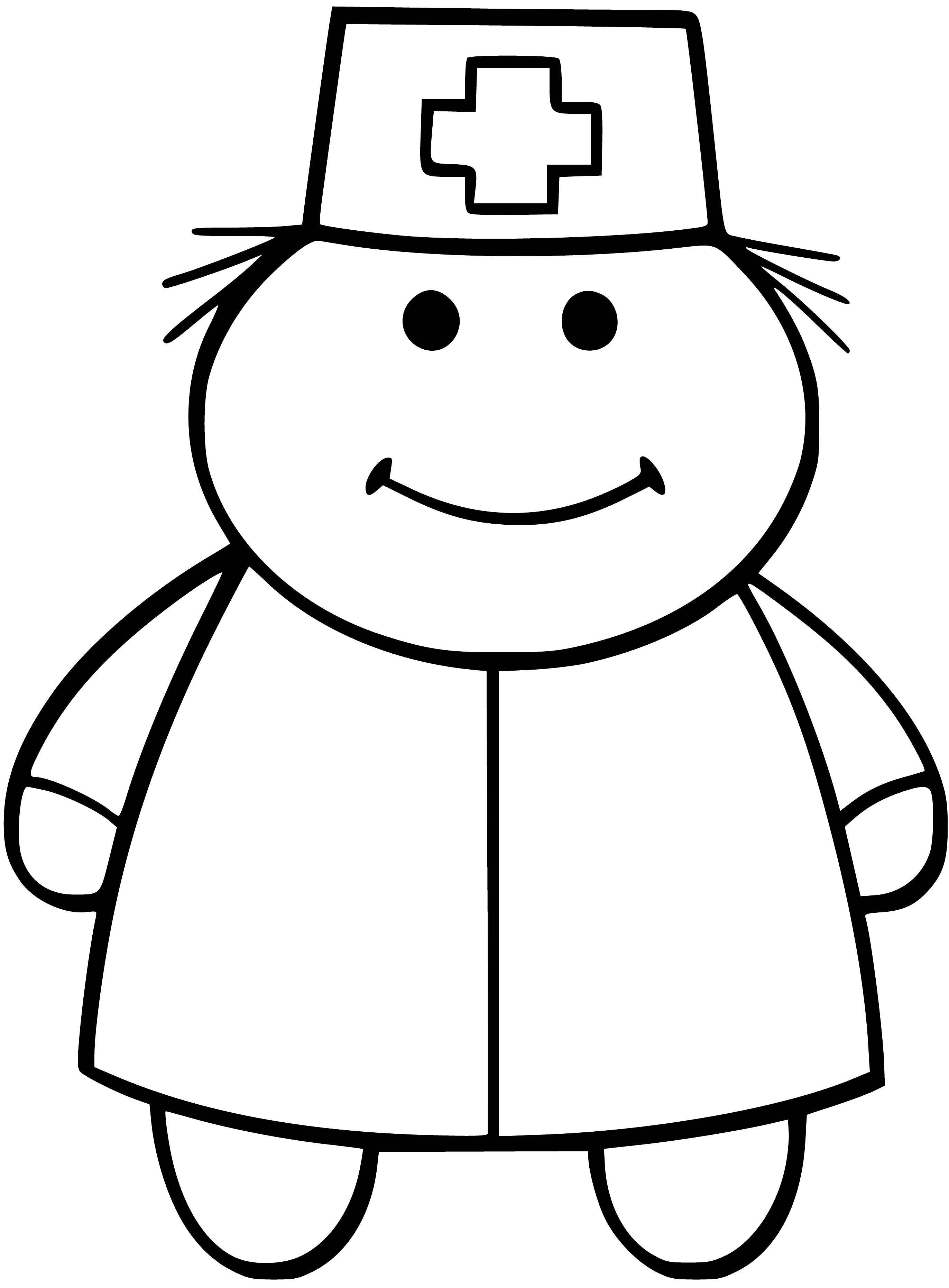 coloring page: Person wearing white coat, stethoscope stands in front of hospital building.