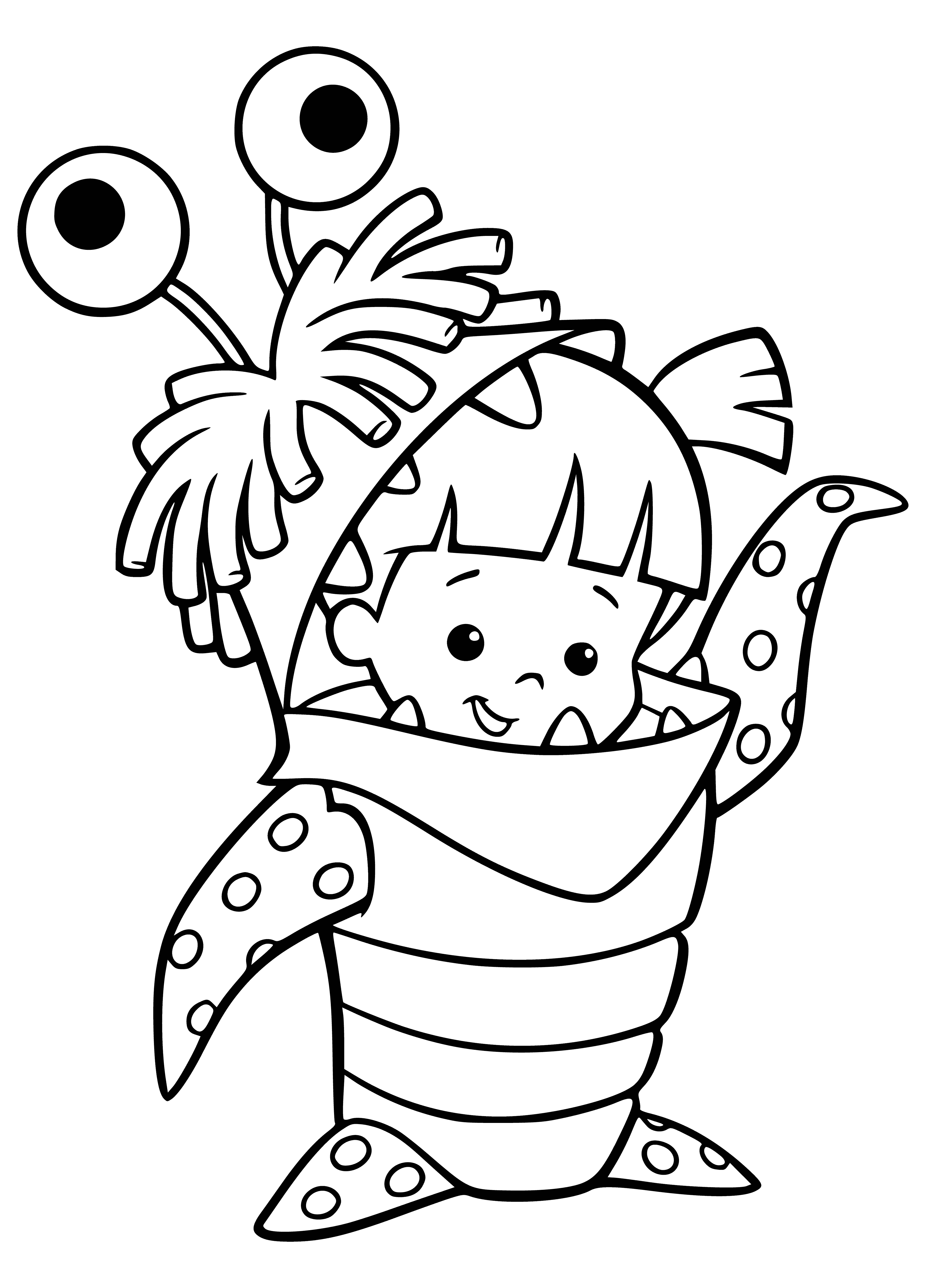 coloring page: A straw creature with pumpkin head wearing a black hat & bowtie, long thin arms & legs, large mouth with sharp teeth.