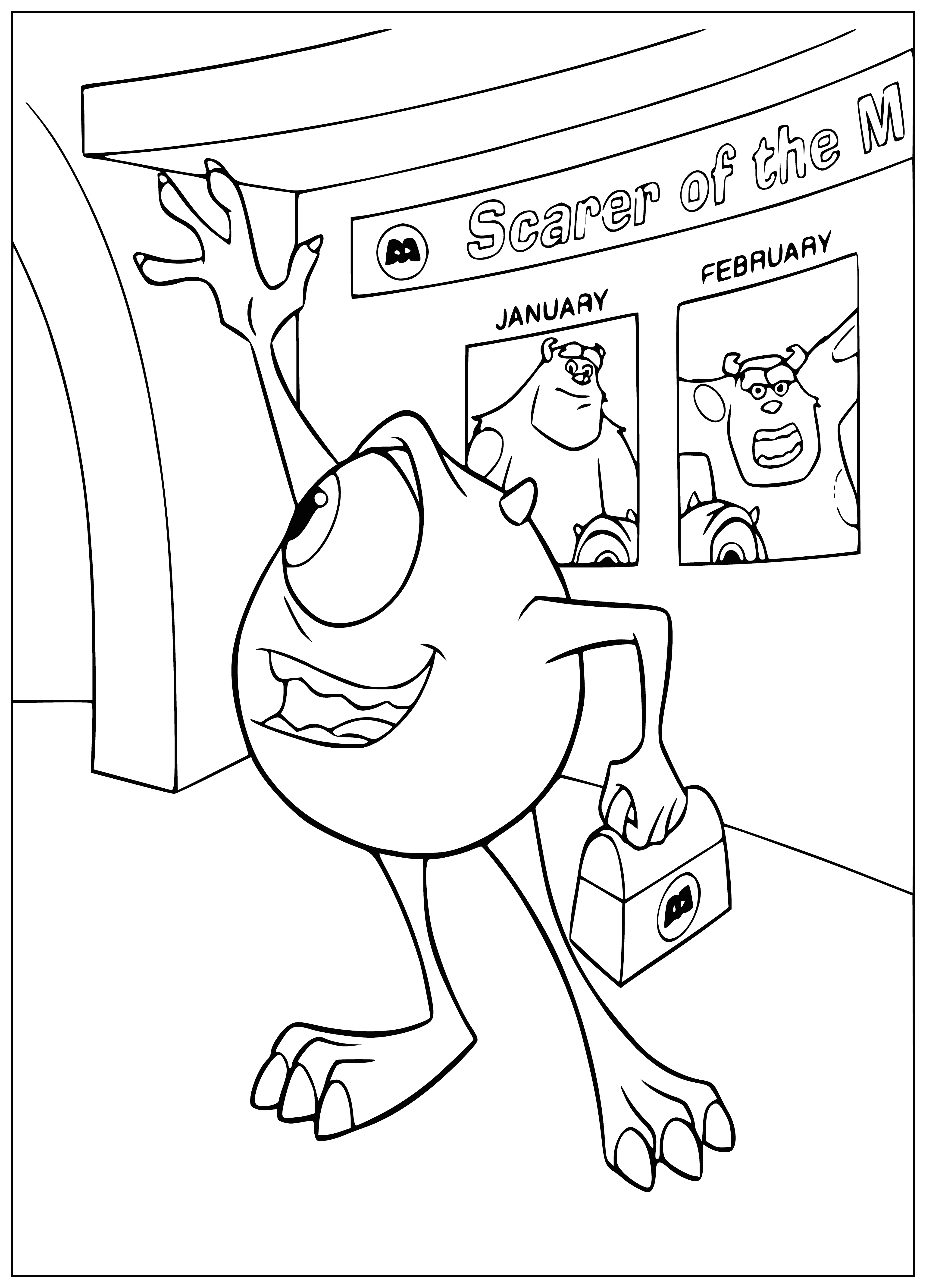 coloring page: A big green monster with purple hair, blue shirt & red suspenders, holds a mic & looks at you from the center of the page.