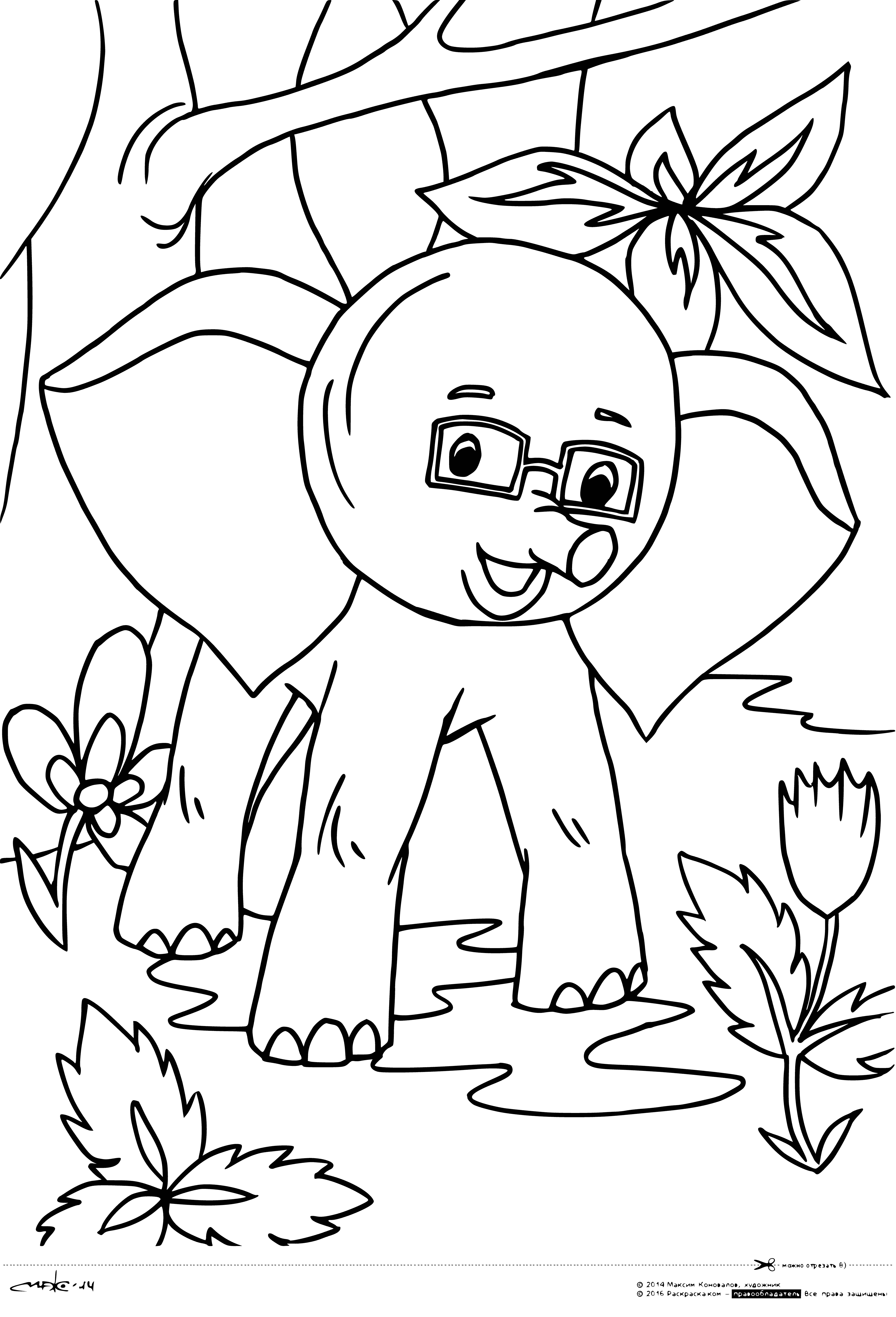 coloring page: 38 parrots perch on a gray baby elephant's back in a coloring page. They have a mix of colorful green, blue & orange feathers & some are on one leg.