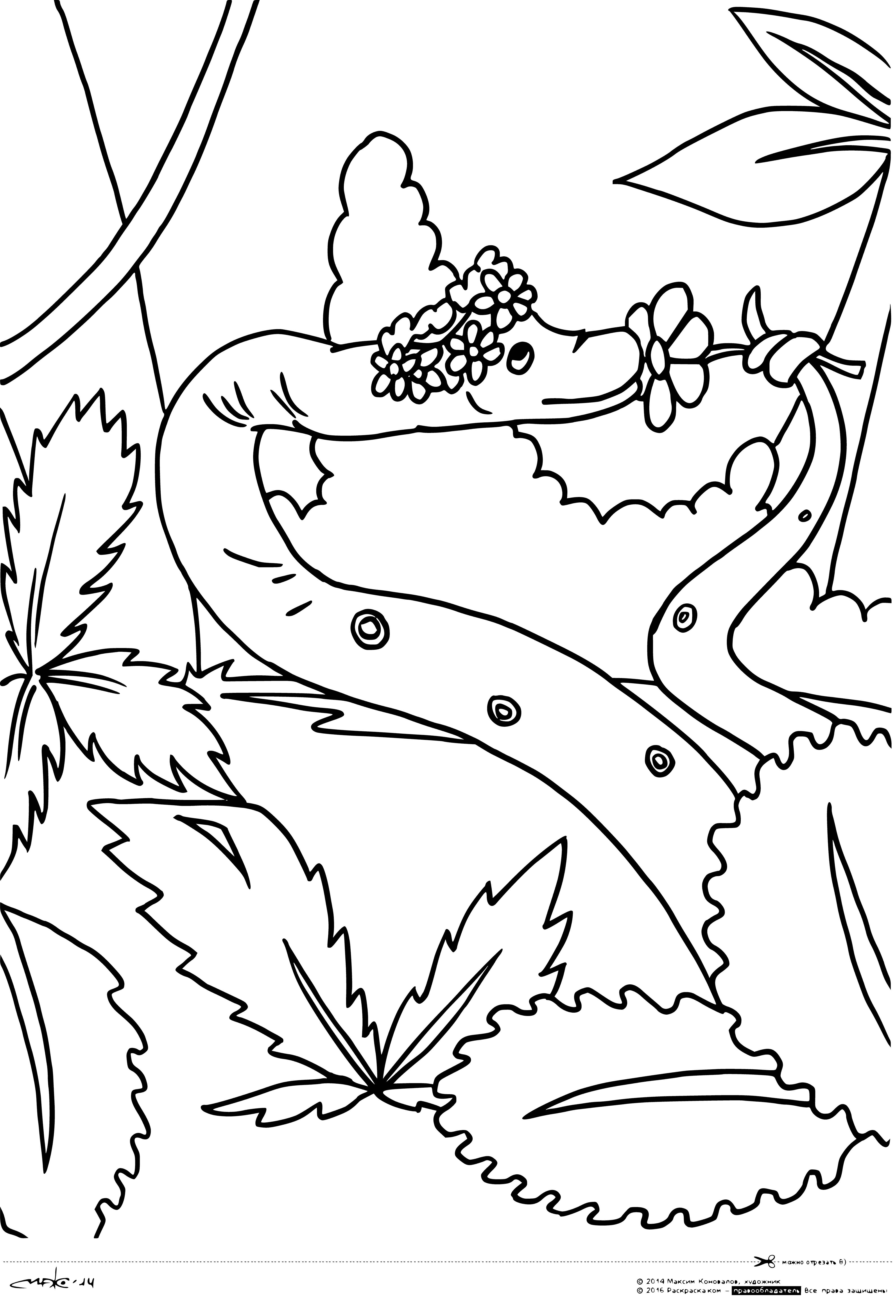 coloring page: Snake coiled around tree branch, head up and mouth open, revealing long, sharp teeth.
