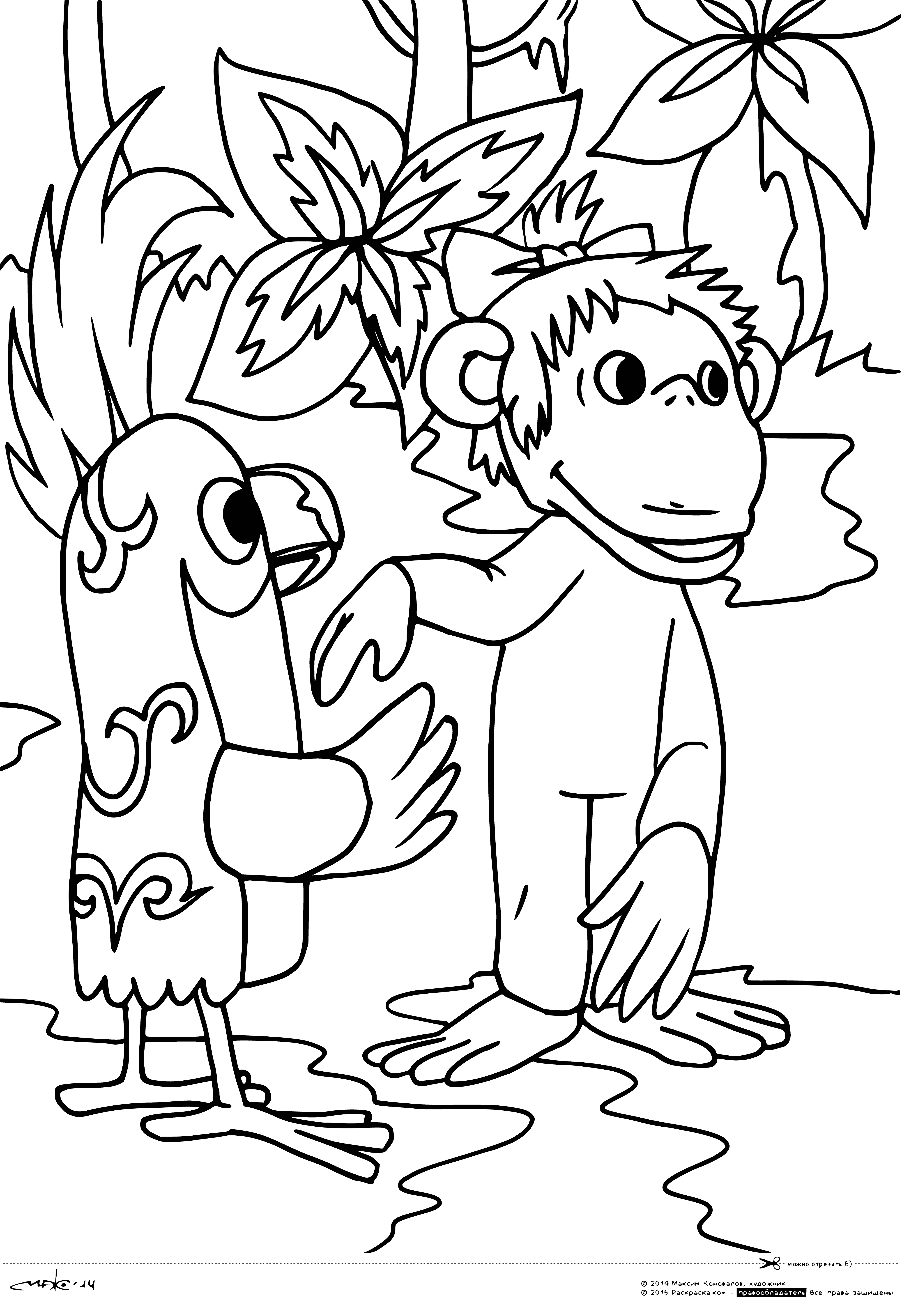 coloring page: Two monkeys & 38 parrots in a coloring page; some on monkeys' heads. All different colors.