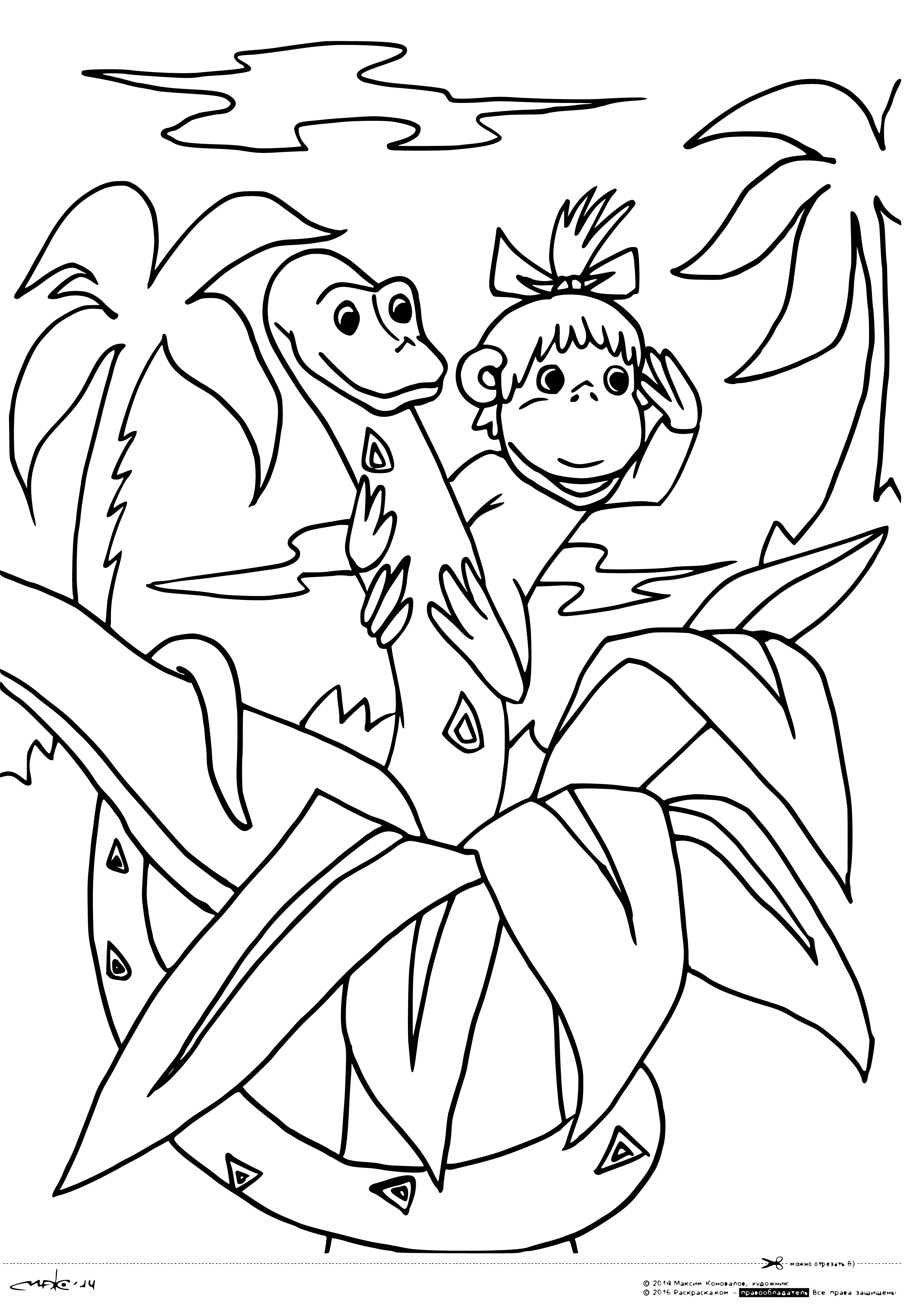 coloring page: 38 parrots of various colors & behaviors on a jungle background in this coloring page, with a bright one in the center.