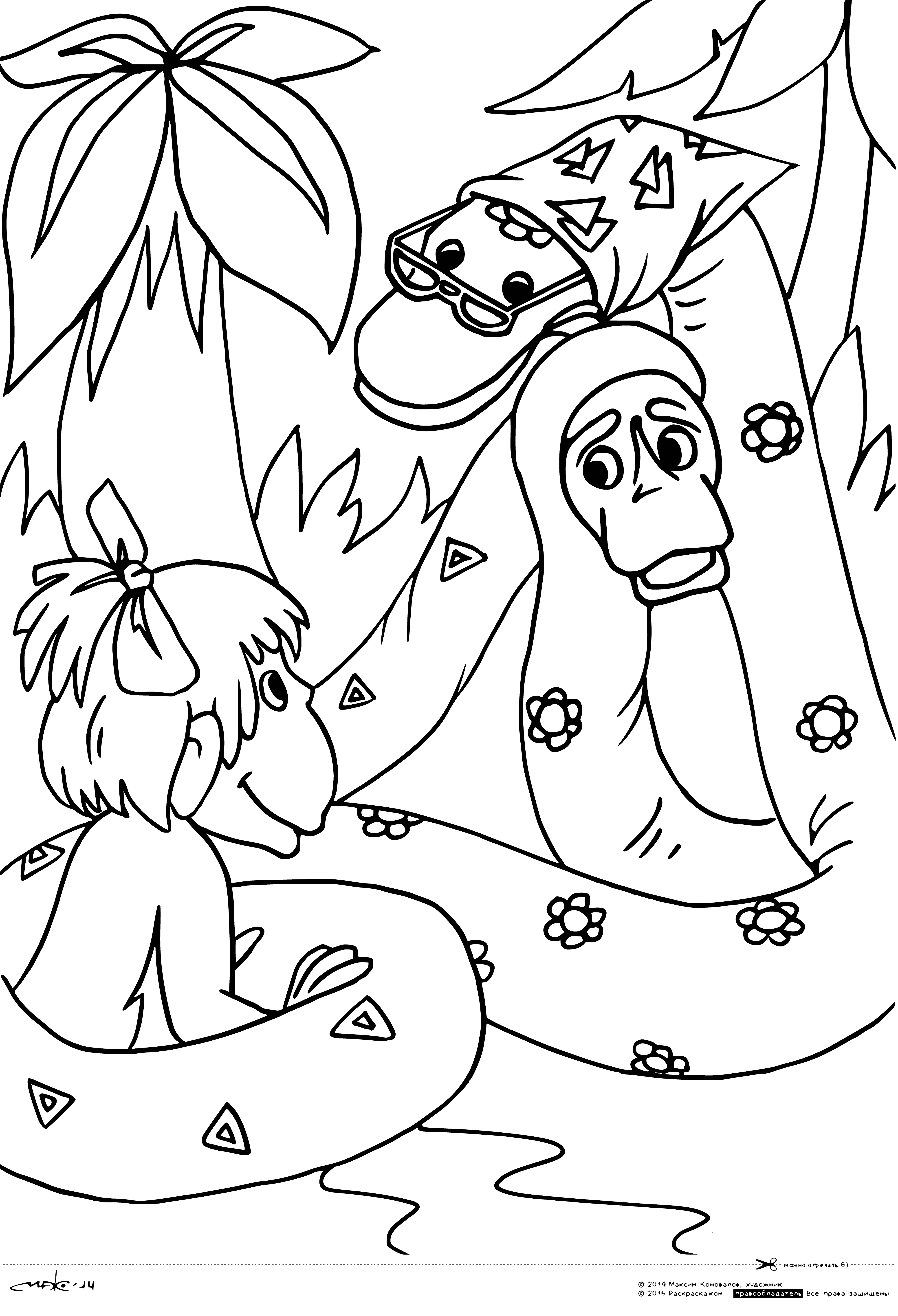 coloring page: 38 parrots, monkey and boa constrictor on coloring page. Boa wrapped around branch, monkey on ground.