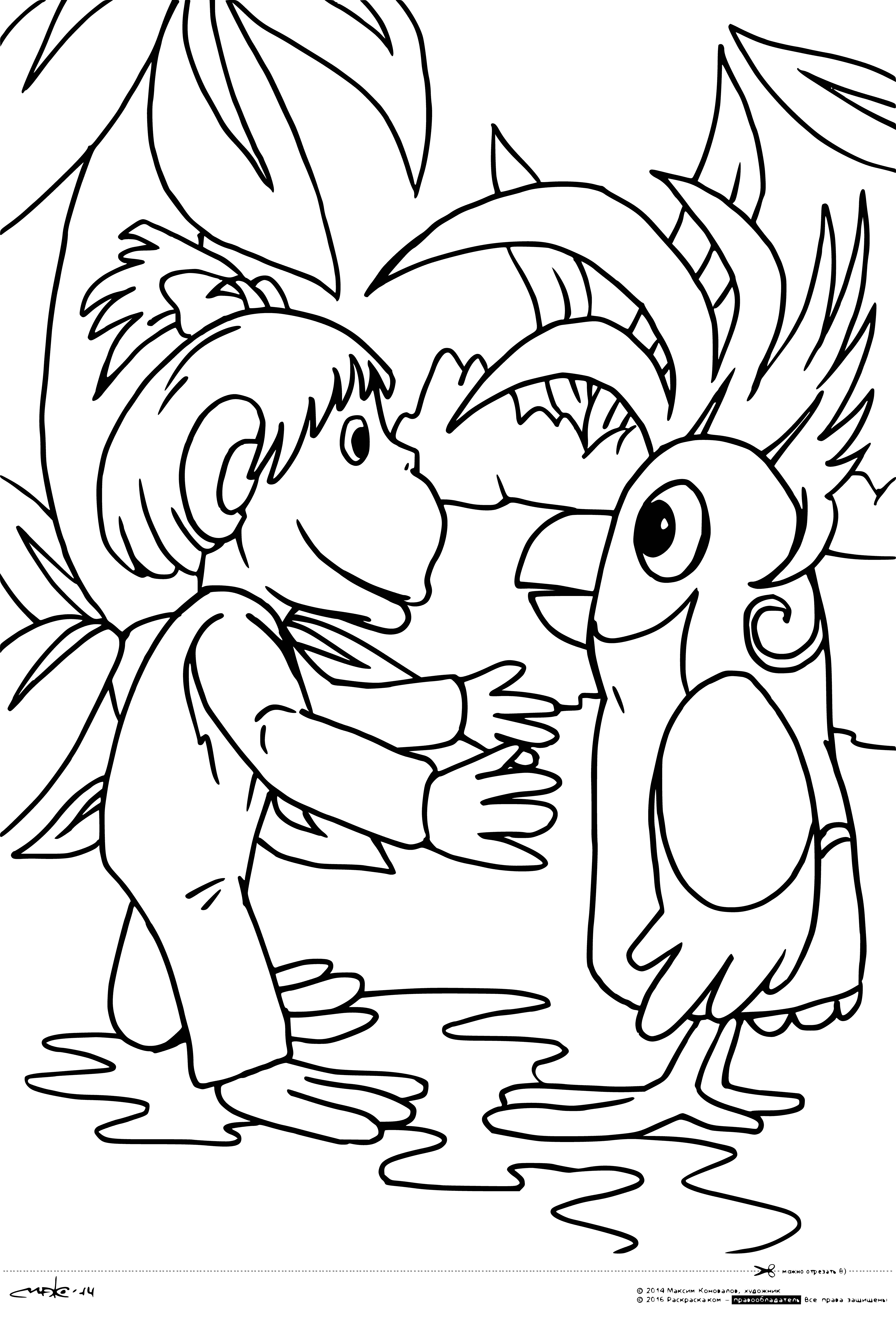 coloring page: 38 parrots of various colors sit in a tree with a monkey. All tucked in to make a coloring page perfect scene! #coloringbook