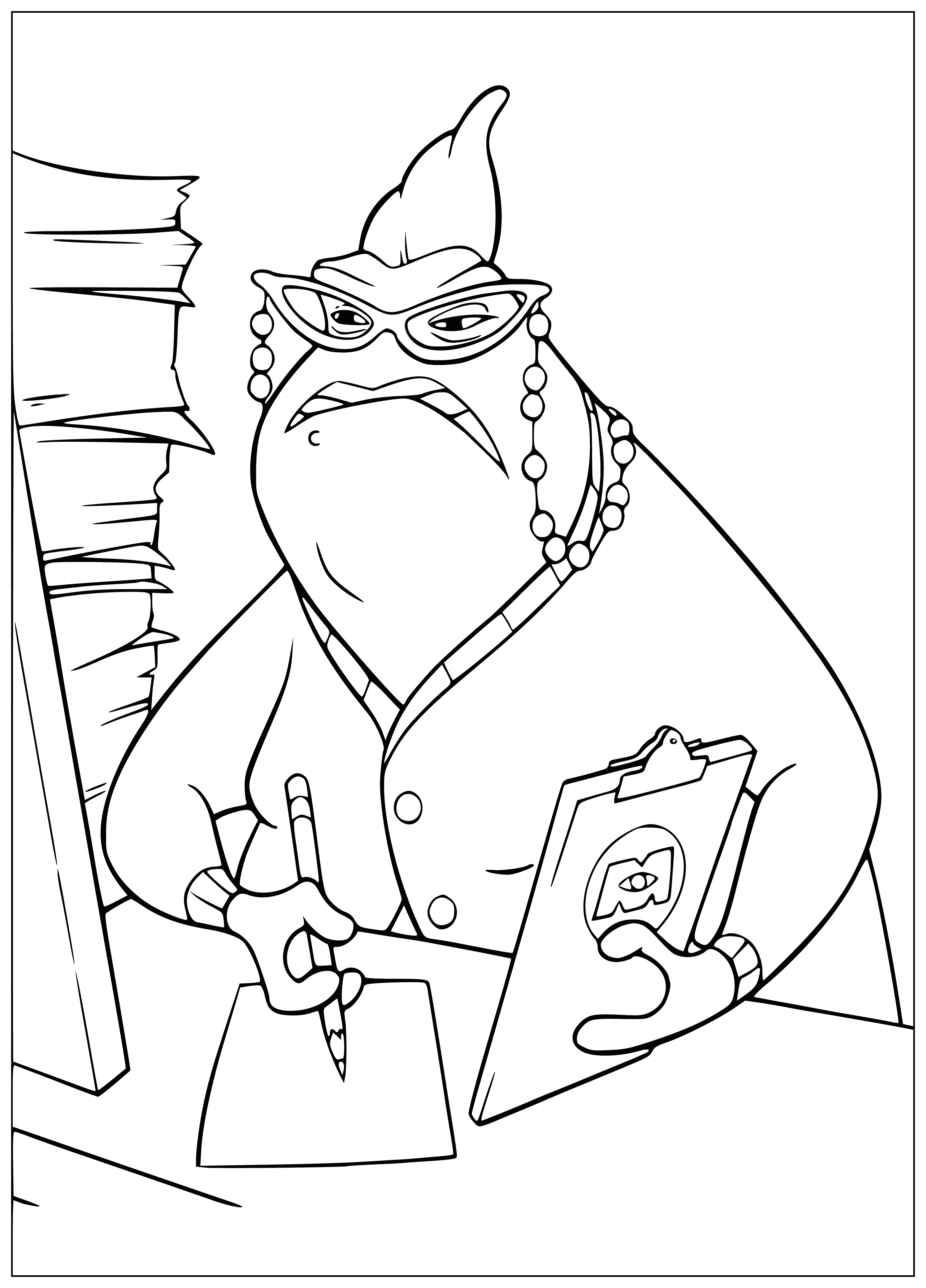 coloring page: Green, four-eyed monster wearing a black suit & holding a clipboard. Sharp teeth & a long nose complete the look.