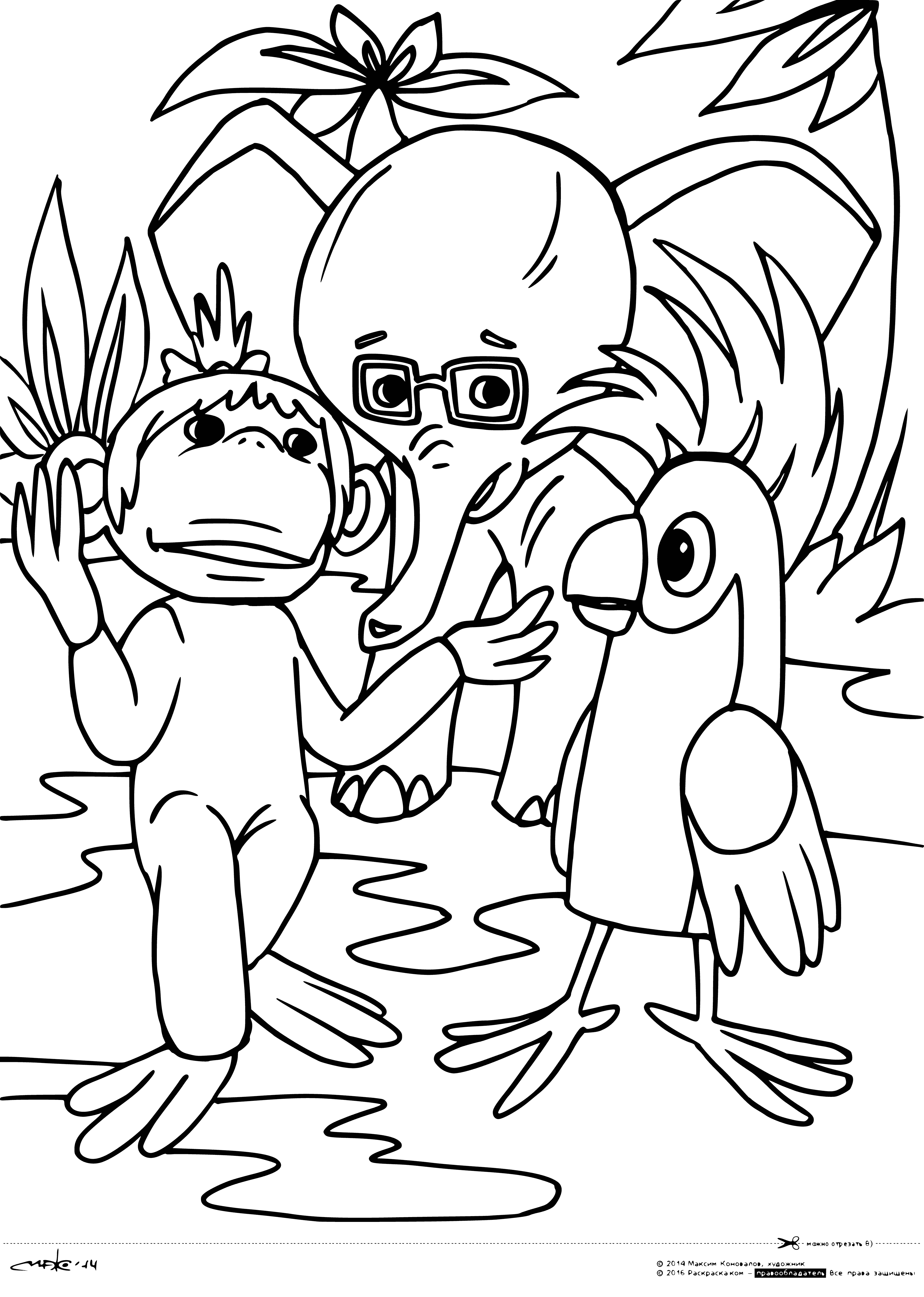 coloring page: 38 parrots, monkey, baby elephant; monkey on head, parrots flying around them.