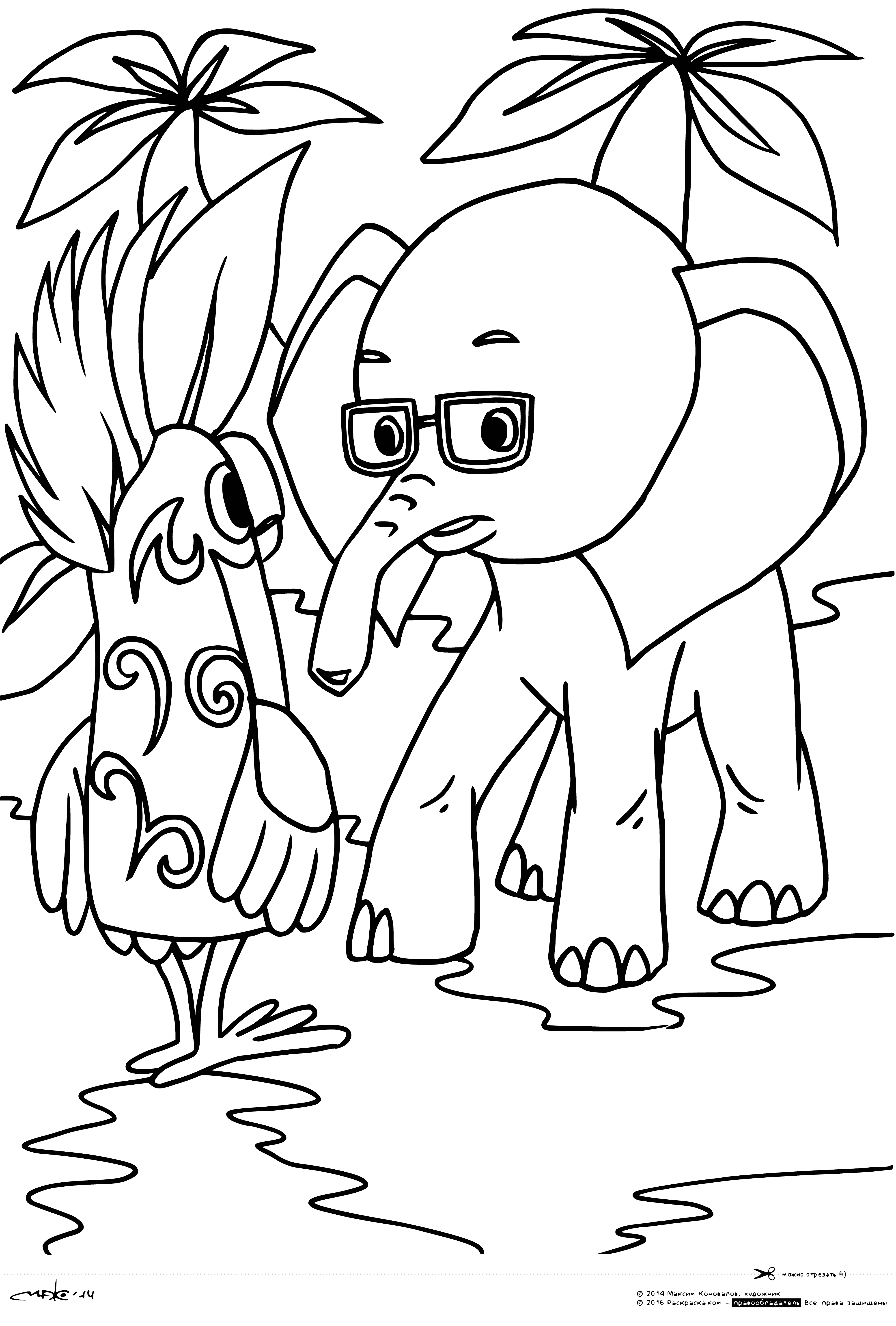 coloring page: An elephant and a parrot sit atop it, the latter brightly-colored and tweeting, while the former looks on with large eyes.